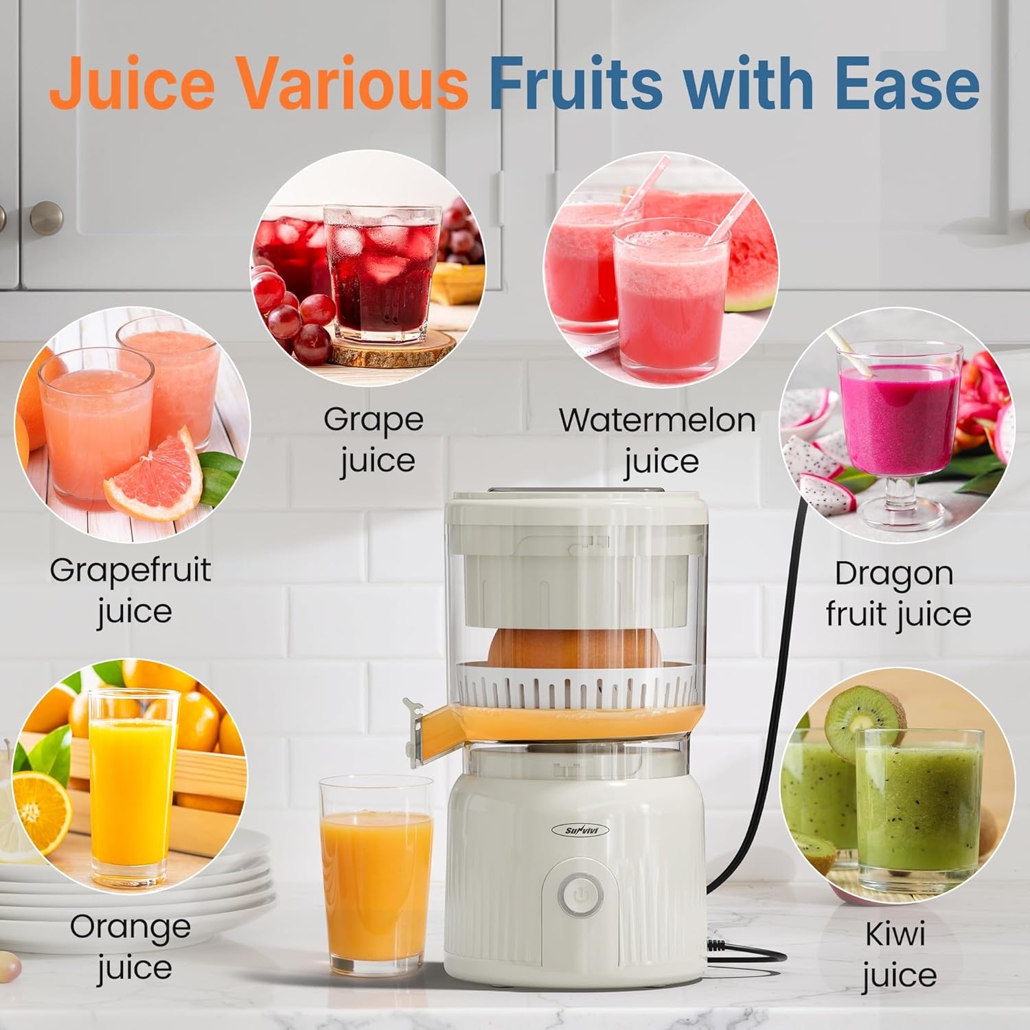 image:imageDualHead Electric Citrus Juicer Plugin Model Juicer Machine with Cleaning Brush Portable Lemon Squeezer for Fresh Orange Lemon Lime Kiwi Grapefruit Easy to CleanampUseWhite