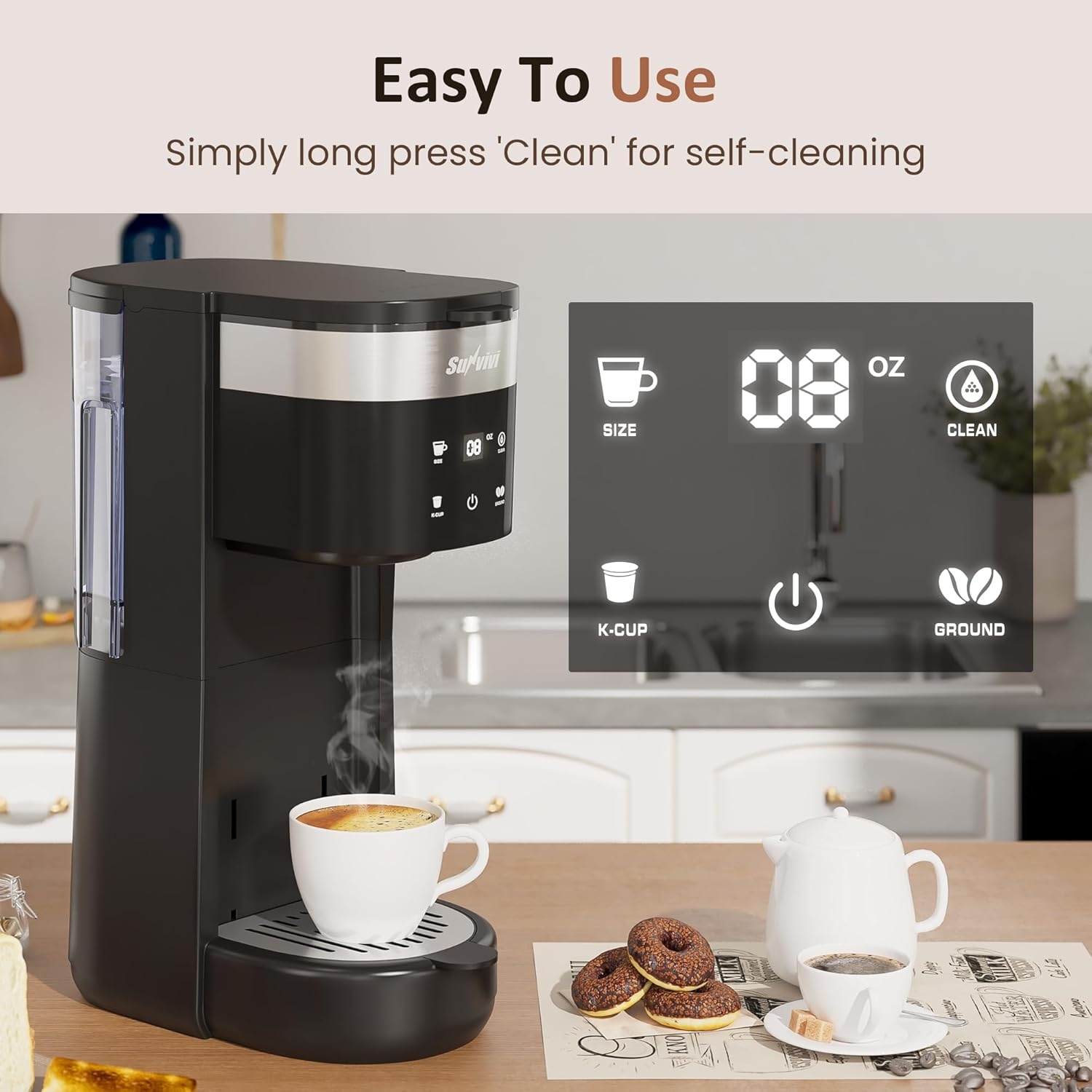 image:imageSUNVIVI 3in1 Single Serve Coffee Machine Brewer for KCup Pods Ground Coffee and Teas Brew Sizes 8 to 14oz 30oz Removable Water Reservoir 2 Cup Trays SelfCleaning Function Black
