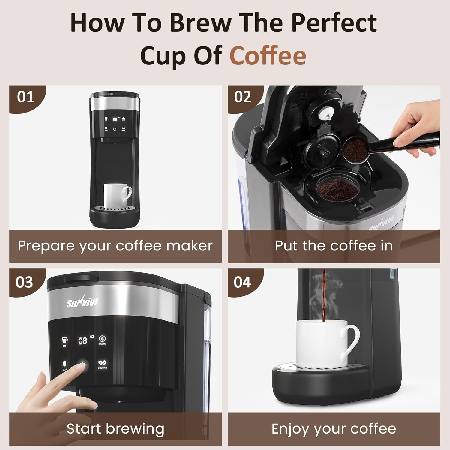 image:imageSUNVIVI 3in1 Single Serve Coffee Machine Brewer for KCup Pods Ground Coffee and Teas Brew Sizes 8 to 14oz 30oz Removable Water Reservoir 2 Cup Trays SelfCleaning Function Black