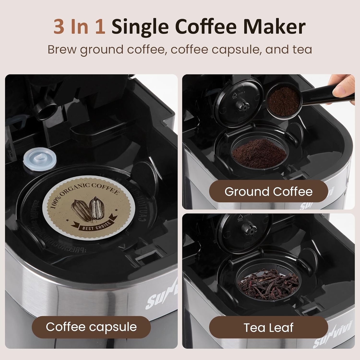 image:imageSUNVIVI 3in1 Single Serve Coffee Machine Brewer for KCup Pods Ground Coffee and Teas Brew Sizes 8 to 14oz 30oz Removable Water Reservoir 2 Cup Trays SelfCleaning Function Black
