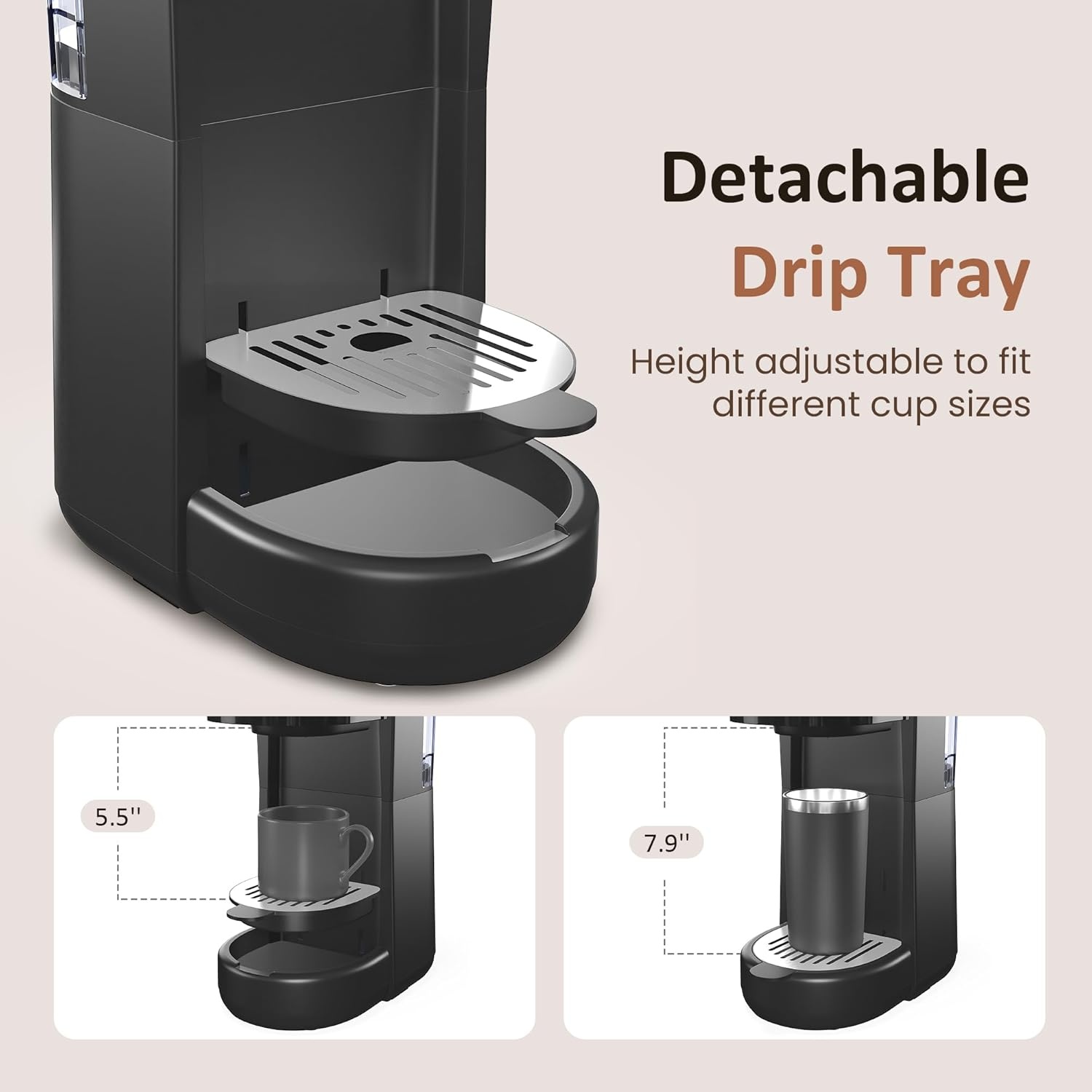 image:imageSUNVIVI 3in1 Single Serve Coffee Machine Brewer for KCup Pods Ground Coffee and Teas Brew Sizes 8 to 14oz 30oz Removable Water Reservoir 2 Cup Trays SelfCleaning Function Black