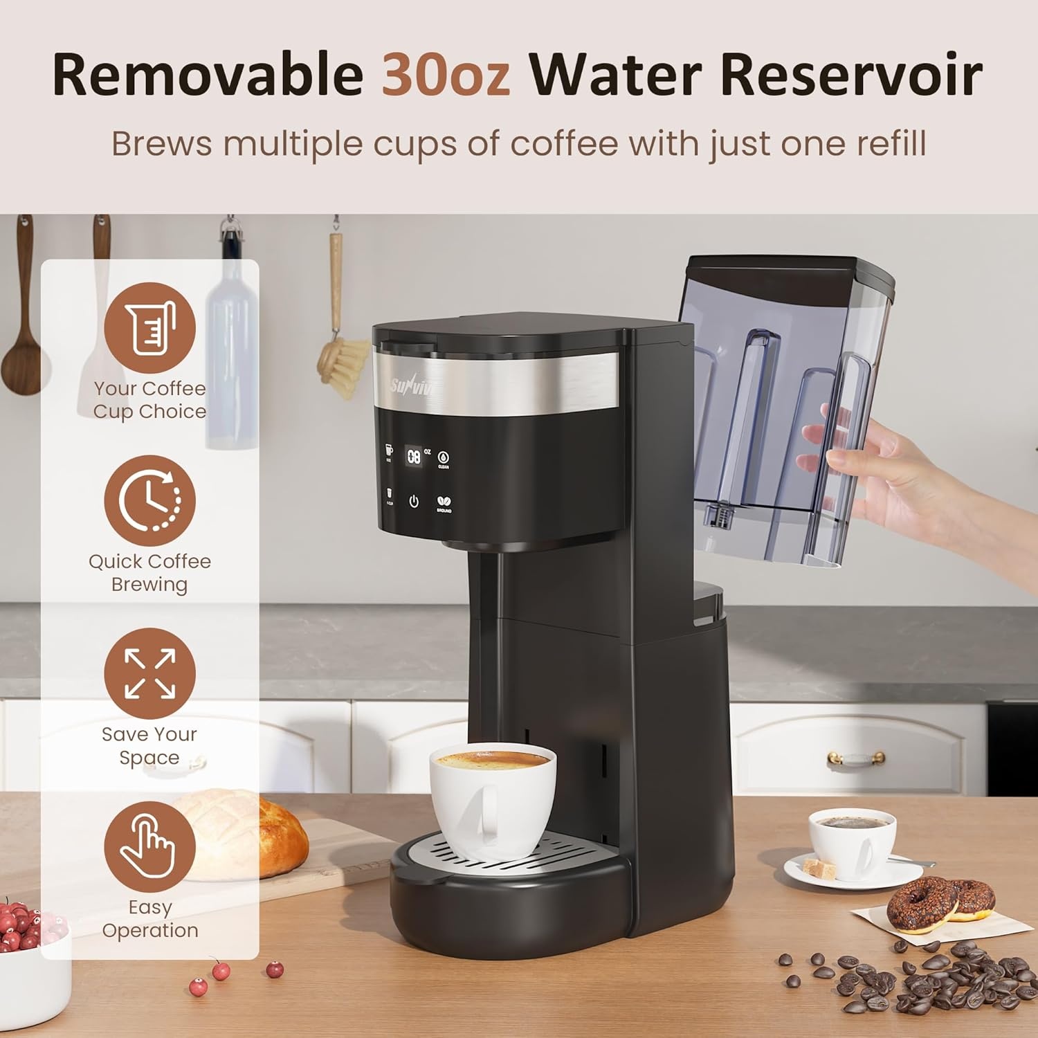 image:imageSUNVIVI 3in1 Single Serve Coffee Machine Brewer for KCup Pods Ground Coffee and Teas Brew Sizes 8 to 14oz 30oz Removable Water Reservoir 2 Cup Trays SelfCleaning Function Black