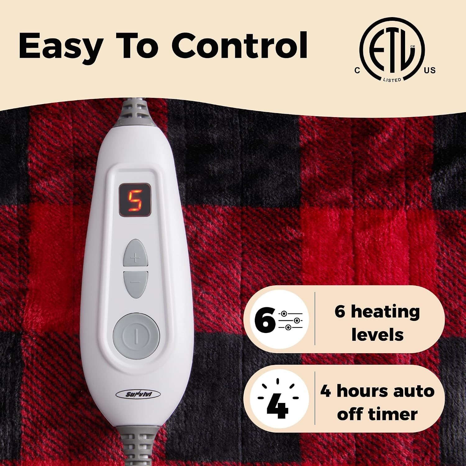 image:imageSUNVIVI Heated Blanket Throw Size Electric Blanket DoubleLayer Flannel with 4 Heating Settings 4 Hours Auto Off 5 Years Warranty ETL Certified Machine Washable Black amp Red 50 x 60