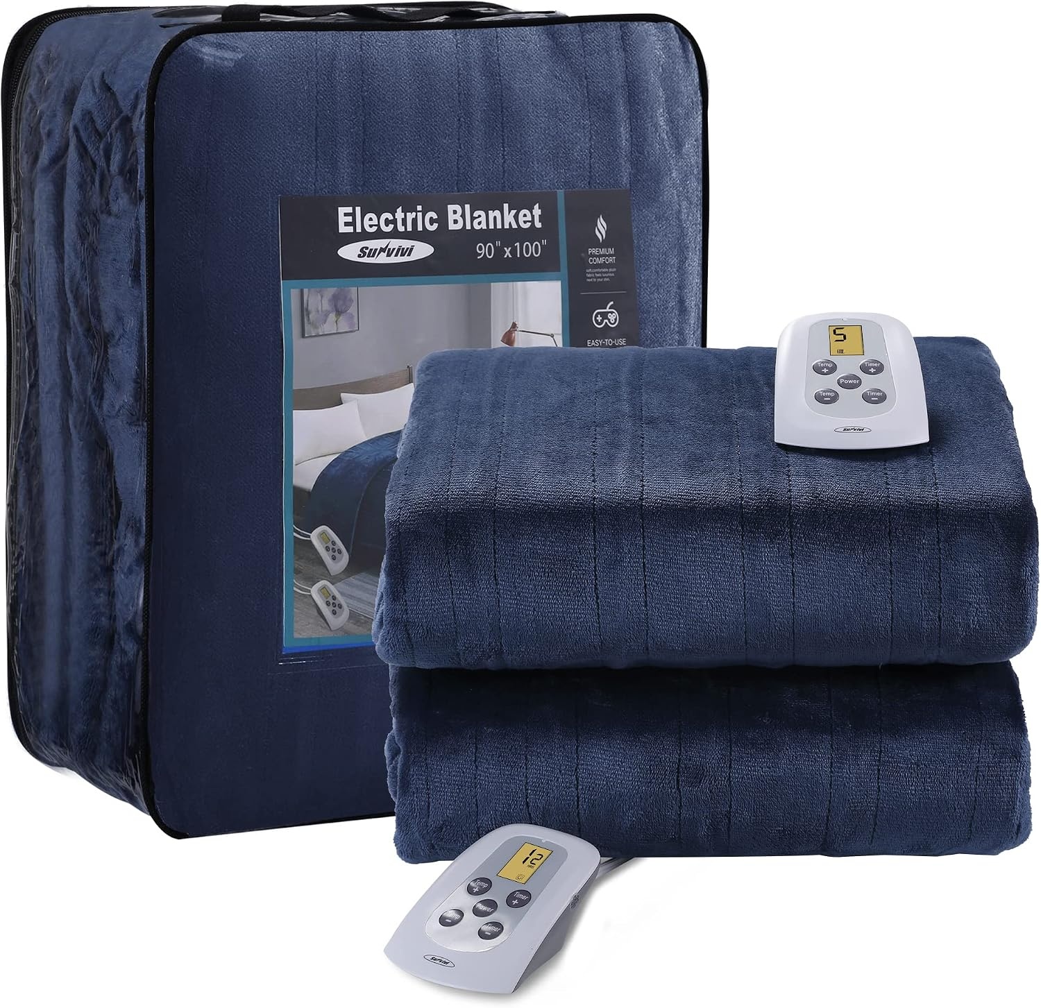 image:imageSUNVIVI Heated Electric Blanket Queen Size Dual Control 10 Heat Settings 12 Hours Auto Off Machine Washable ETL Certified Overheating Protection Grey 84x90 InchBlue