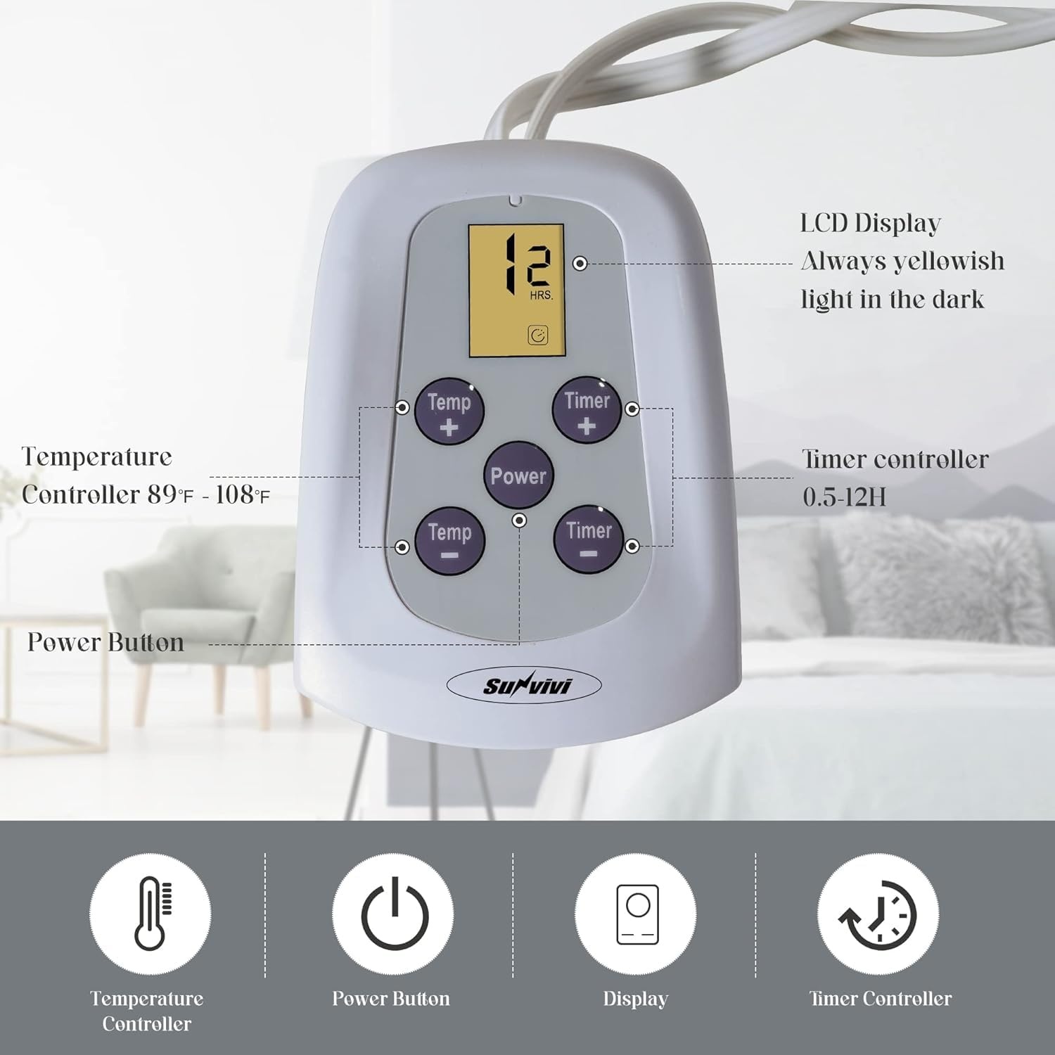image:imageSUNVIVI Heated Electric Blanket Queen Size Dual Control 10 Heat Settings 12 Hours Auto Off Machine Washable ETL Certified Overheating Protection Grey 84x90 InchGrey
