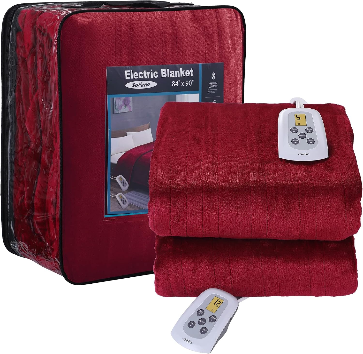 image:imageSUNVIVI Heated Electric Blanket Queen Size Dual Control 10 Heat Settings 12 Hours Auto Off Machine Washable ETL Certified Overheating Protection Grey 84x90 InchRed