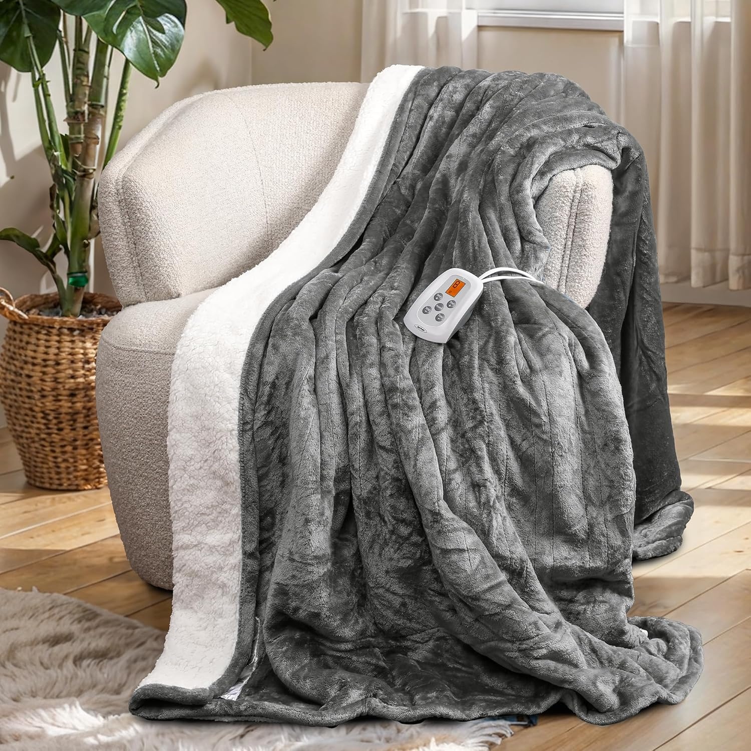 image:imageSUNVIVI Heated Electric Blanket Queen Size Dual Control 10 Heat Settings 12 Hours Auto Off Machine Washable ETL Certified Overheating Protection Grey 84x90 InchGrey