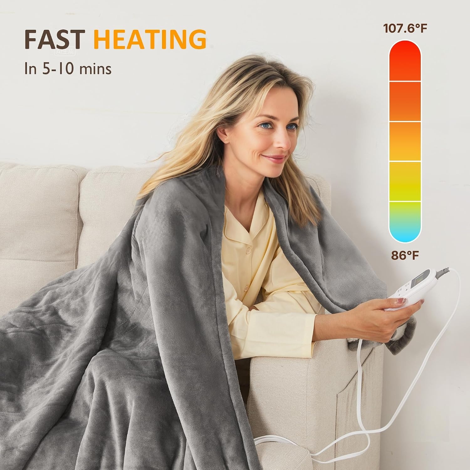 image:imageSUNVIVI Heated Electric Blanket Queen Size Dual Control 10 Heat Settings 12 Hours Auto Off Machine Washable ETL Certified Overheating Protection Grey 84x90 InchGrey Flannel White Sherpa