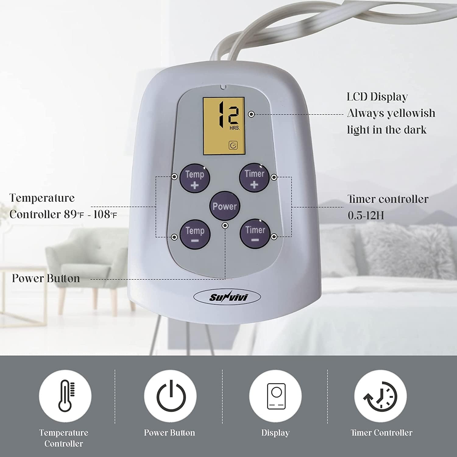 image:imageSUNVIVI Heated Electric Blanket Queen Size Dual Control 10 Heat Settings 12 Hours Auto Off Machine Washable ETL Certified Overheating Protection Grey 84x90 InchRed