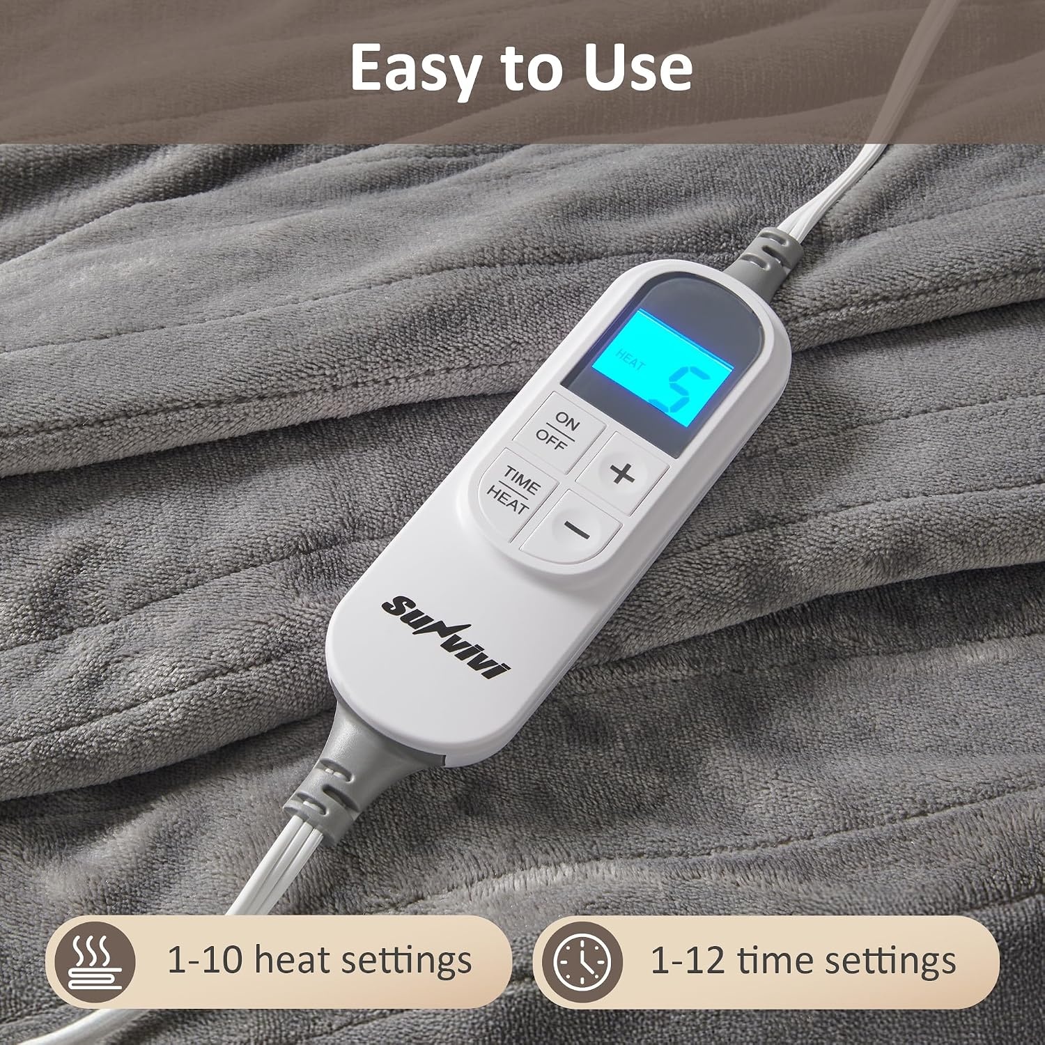 image:imageSUNVIVI Heated Electric Blanket Queen Size Dual Control 10 Heat Settings 12 Hours Auto Off Machine Washable ETL Certified Overheating Protection Grey 84x90 InchGrey Flannel White Sherpa
