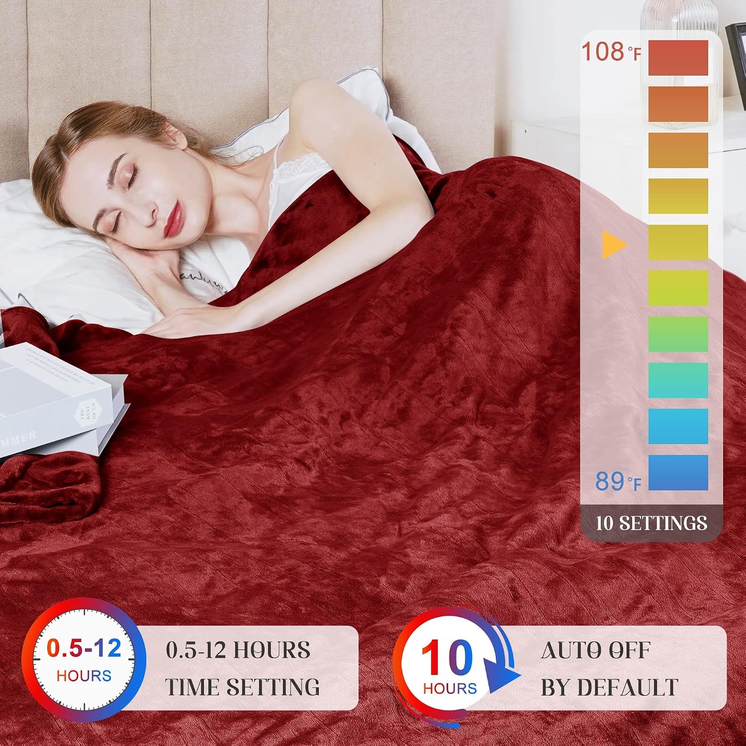 image:imageSUNVIVI Heated Electric Blanket Queen Size Dual Control 10 Heat Settings 12 Hours Auto Off Machine Washable ETL Certified Overheating Protection Grey 84x90 InchRed