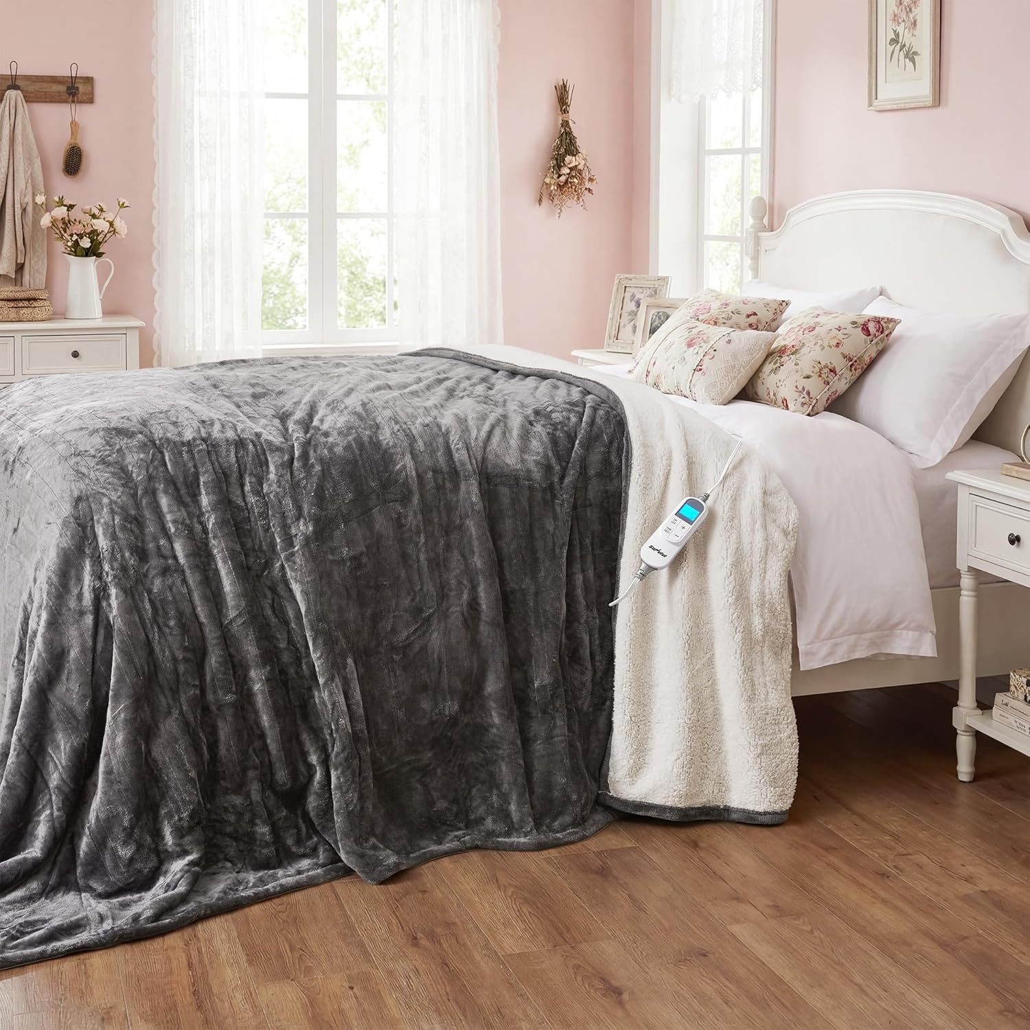 image:imageSUNVIVI Heated Electric Blanket Queen Size Dual Control 10 Heat Settings 12 Hours Auto Off Machine Washable ETL Certified Overheating Protection Grey 84x90 InchGrey Flannel White Sherpa