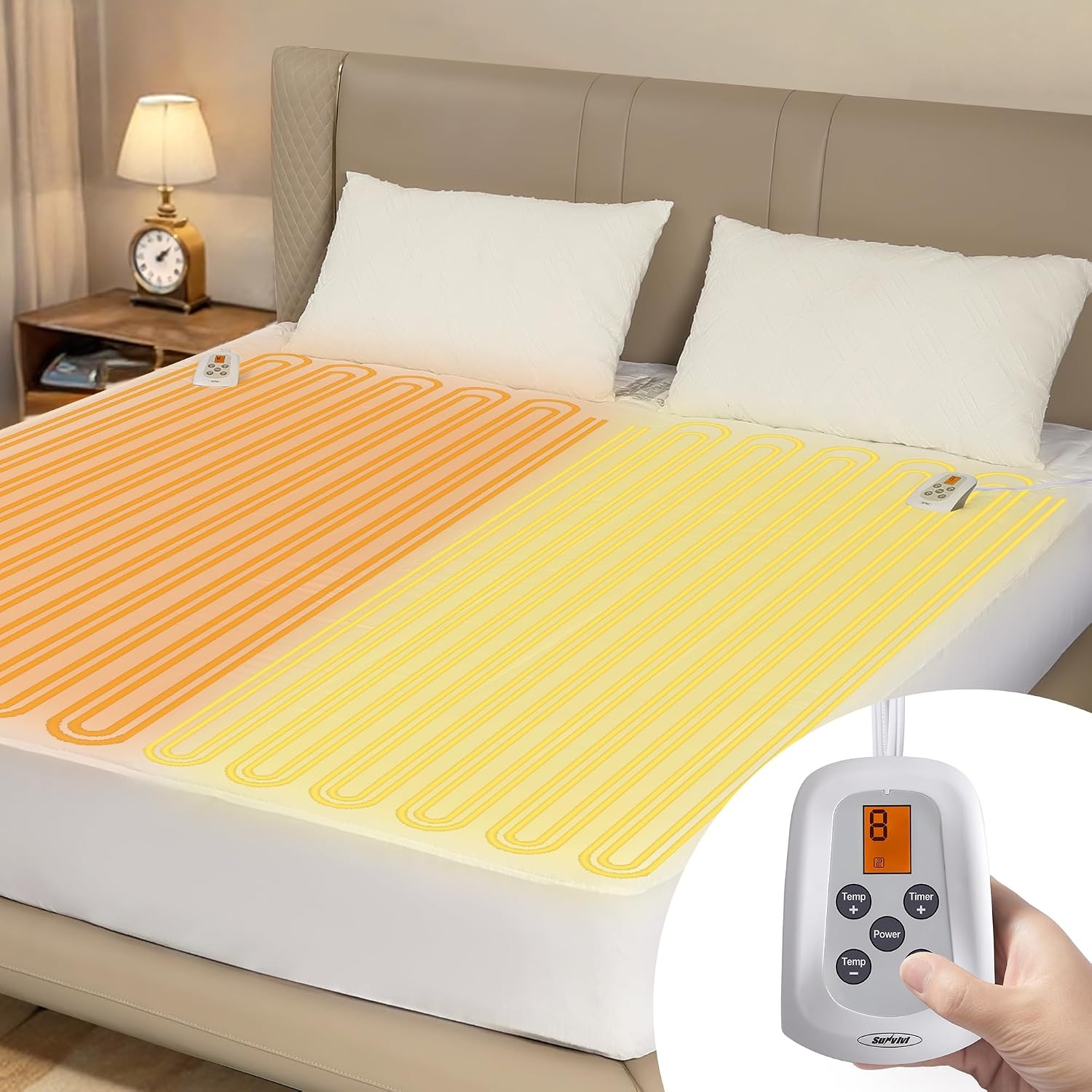 image:imageSUNVIVI King Size Heated Mattress Electric Bed Mattress Pad with 12Hour Timer amp 10 Heat Settings Full Bed Warmer with Dual Controller Machine Washable 78 x 80Queen