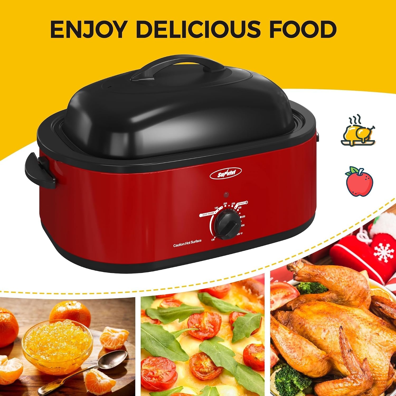 image:imageSUNVIVI OUTDOOR 18 QT Electric Roaster Oven with Viewing LidTurkey Roaster with Unique DefrostWarm FunctionLarge Removable Pan and CoolTouch Handles Stainless Steel WhiteRed