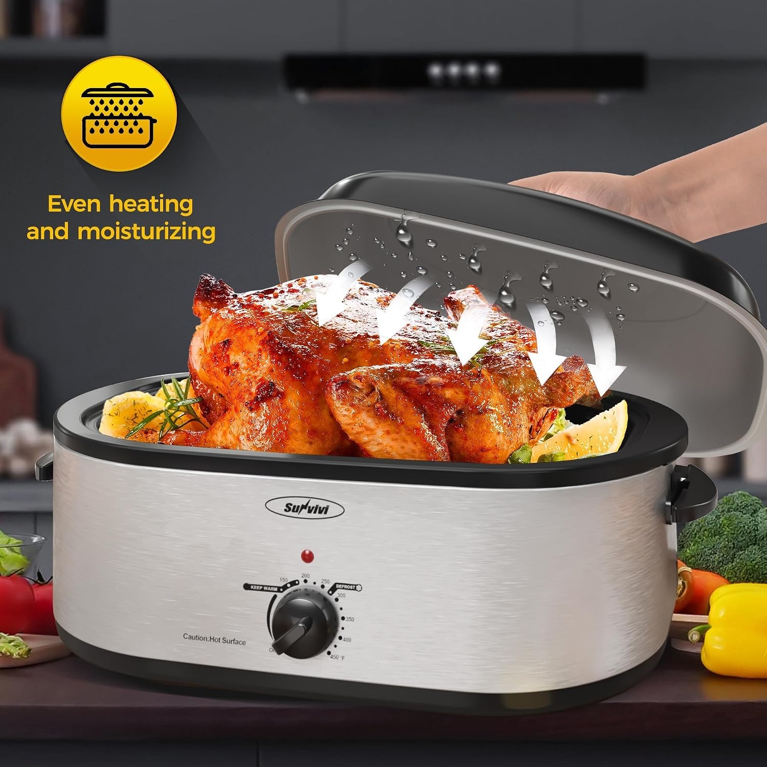 image:imageSUNVIVI OUTDOOR 18 QT Electric Roaster Oven with Viewing LidTurkey Roaster with Unique DefrostWarm FunctionLarge Removable Pan and CoolTouch Handles Stainless Steel WhiteSilver