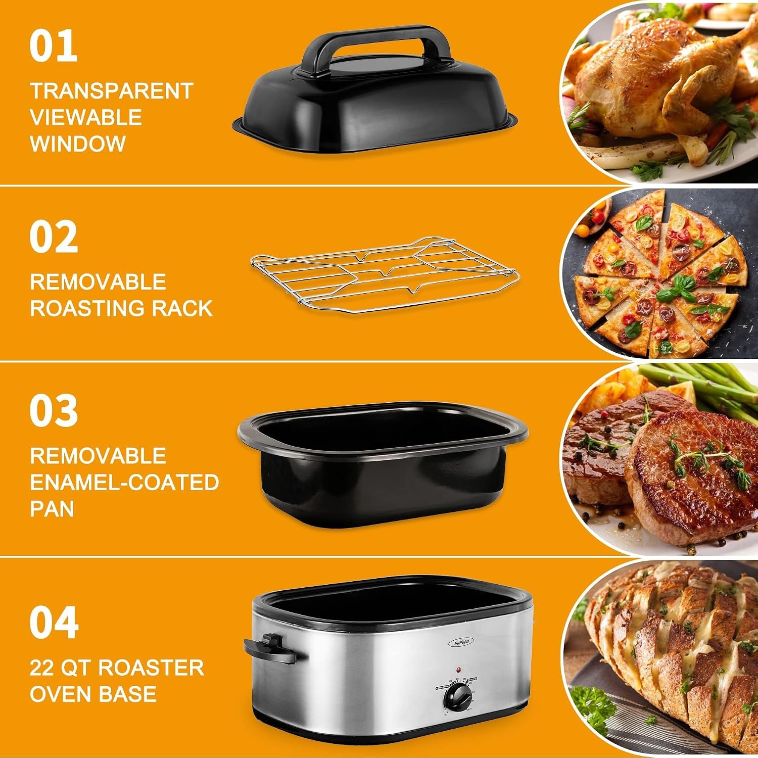 image:imageSUNVIVI OUTDOOR 18 QT Electric Roaster Oven with Viewing LidTurkey Roaster with Unique DefrostWarm FunctionLarge Removable Pan and CoolTouch Handles Stainless Steel WhiteSilver