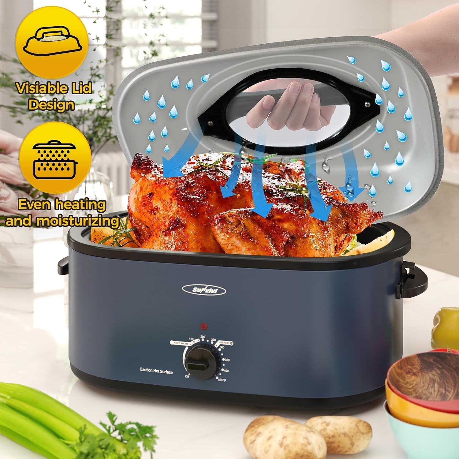 image:imageSUNVIVI OUTDOOR 18 QT Electric Roaster Oven with Viewing LidTurkey Roaster with Unique DefrostWarm FunctionLarge Removable Pan and CoolTouch Handles Stainless Steel WhiteBlue