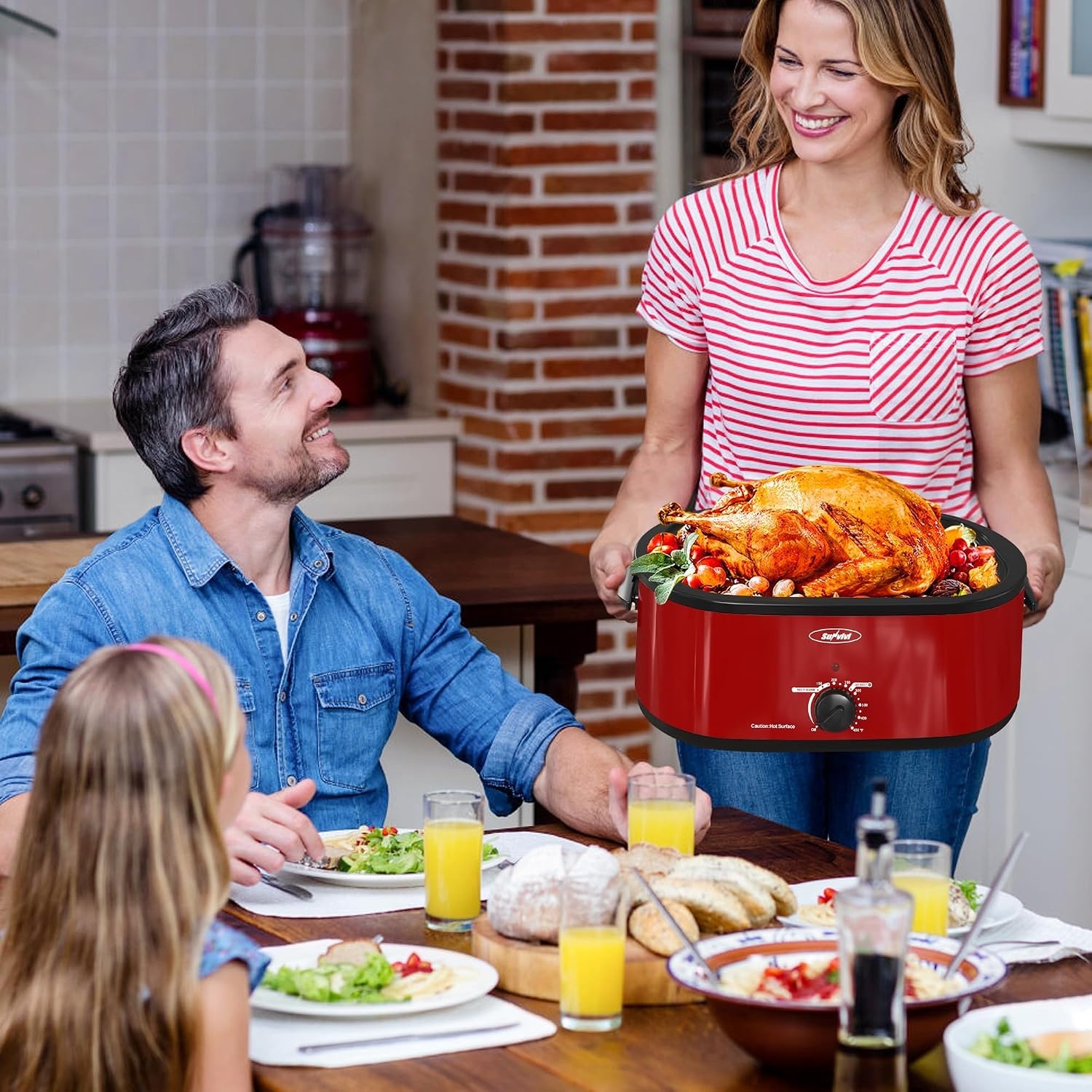image:imageSUNVIVI OUTDOOR 18 QT Electric Roaster Oven with Viewing LidTurkey Roaster with Unique DefrostWarm FunctionLarge Removable Pan and CoolTouch Handles Stainless Steel WhiteRed