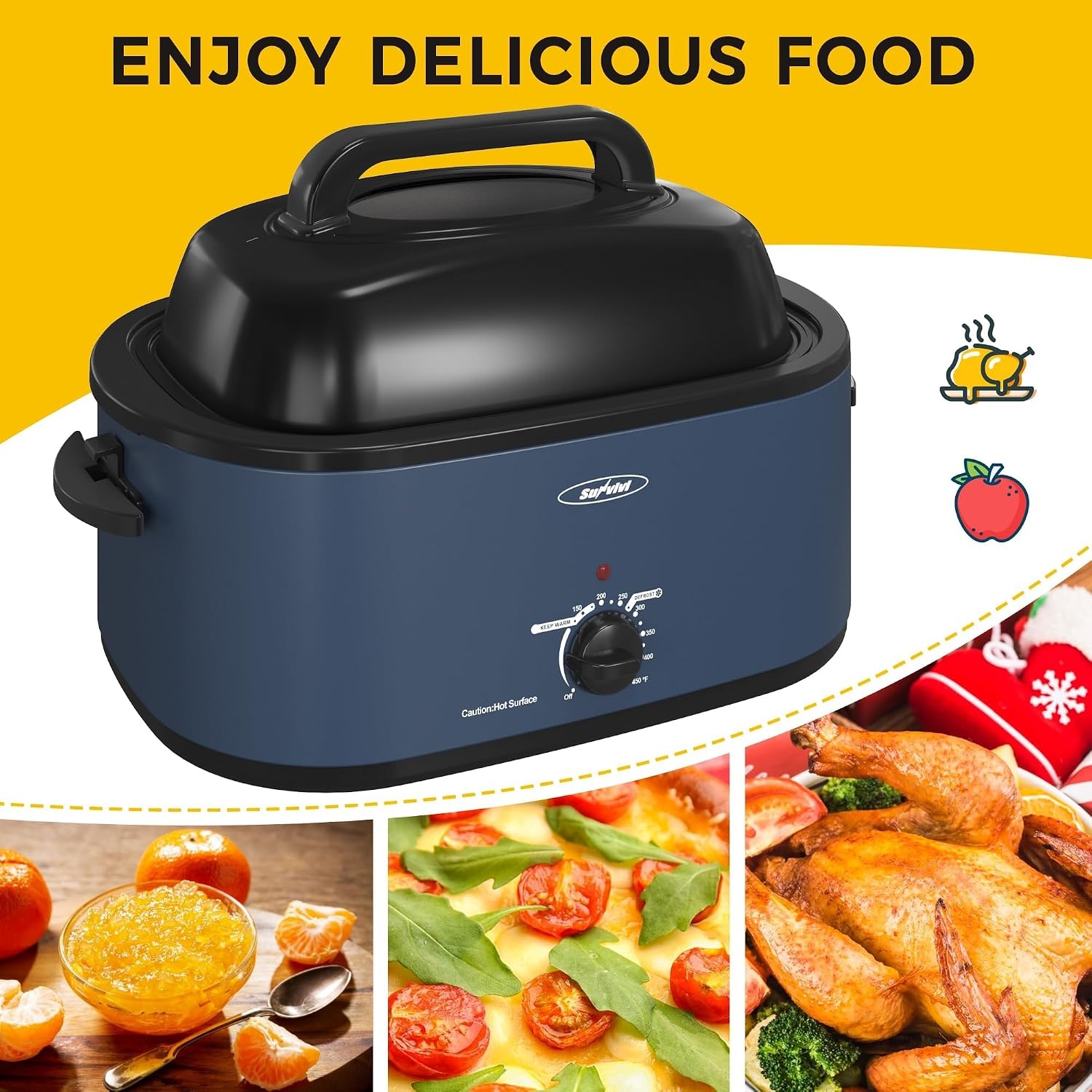 image:imageSUNVIVI OUTDOOR 18 QT Electric Roaster Oven with Viewing LidTurkey Roaster with Unique DefrostWarm FunctionLarge Removable Pan and CoolTouch Handles Stainless Steel WhiteBlue