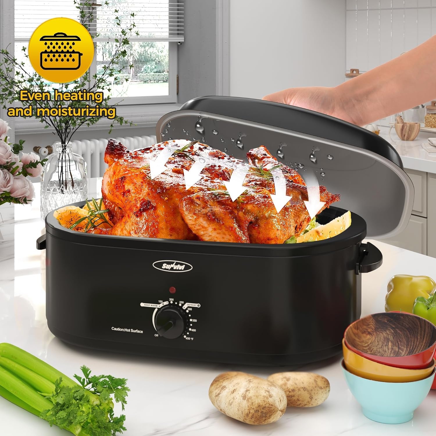 image:imageSUNVIVI OUTDOOR 18 QT Electric Roaster Oven with Viewing LidTurkey Roaster with Unique DefrostWarm FunctionLarge Removable Pan and CoolTouch Handles Stainless Steel WhiteBlack