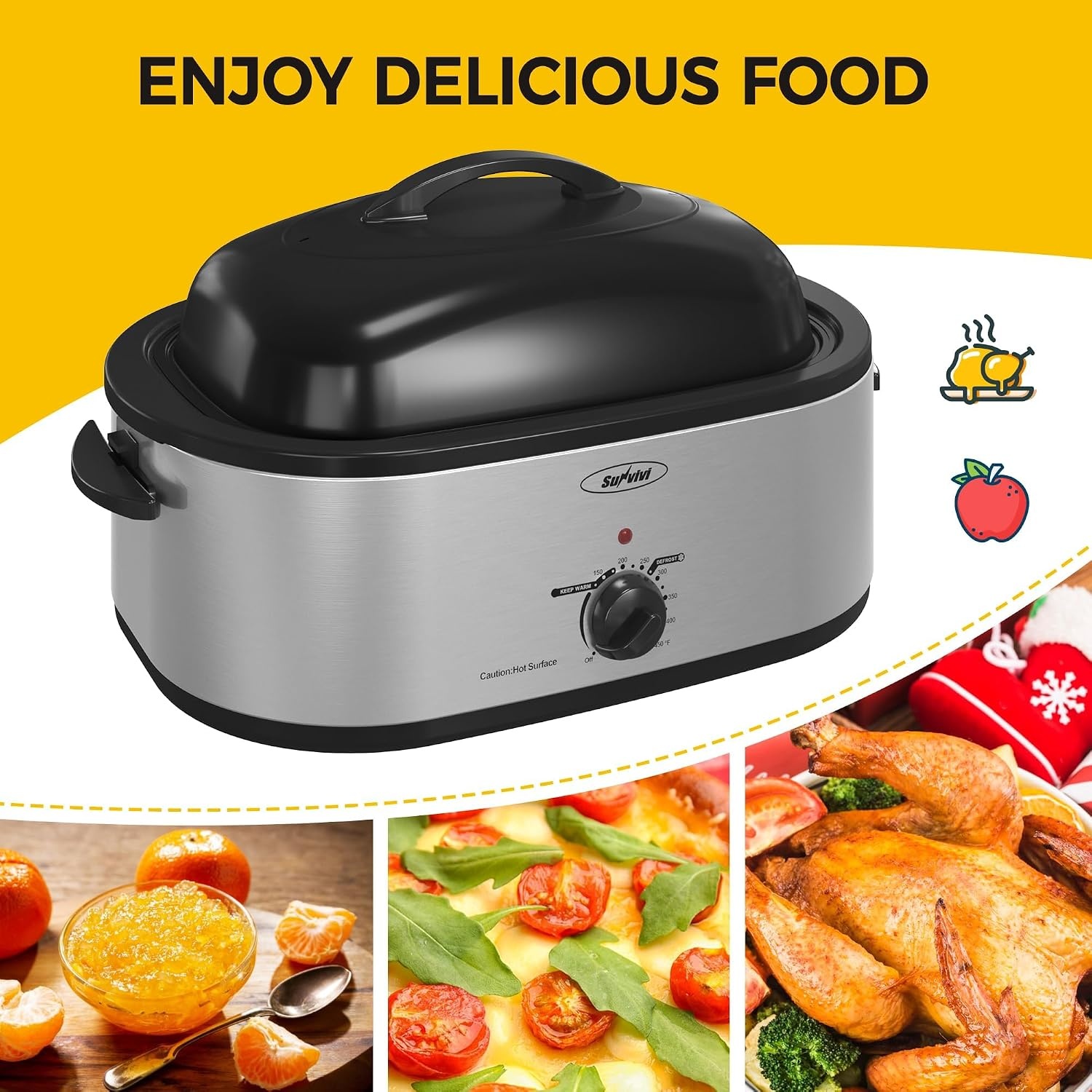 image:imageSUNVIVI OUTDOOR 18 QT Electric Roaster Oven with Viewing LidTurkey Roaster with Unique DefrostWarm FunctionLarge Removable Pan and CoolTouch Handles Stainless Steel WhiteSilver