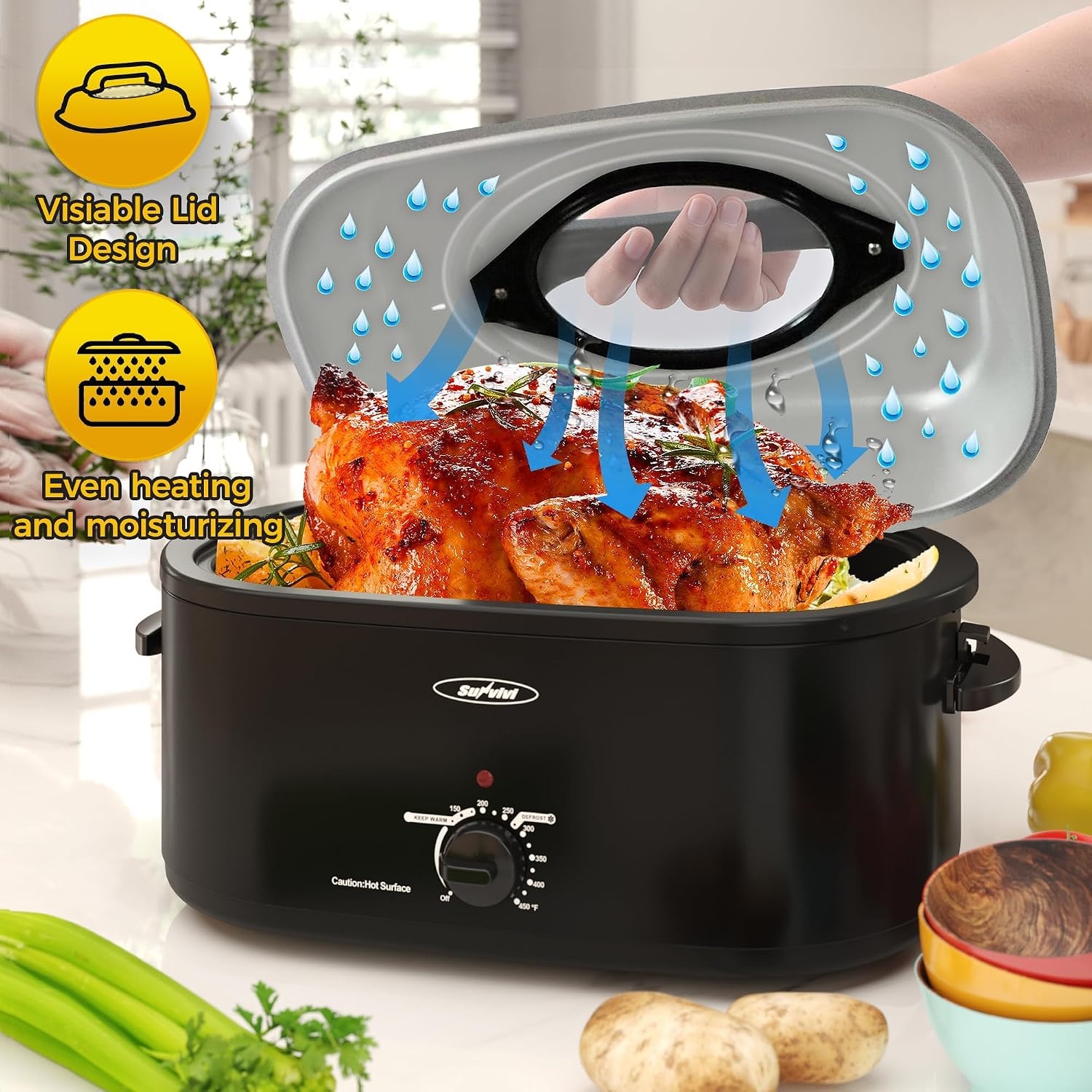 image:imageSUNVIVI OUTDOOR 18 QT Electric Roaster Oven with Viewing LidTurkey Roaster with Unique DefrostWarm FunctionLarge Removable Pan and CoolTouch Handles Stainless Steel WhiteBlack
