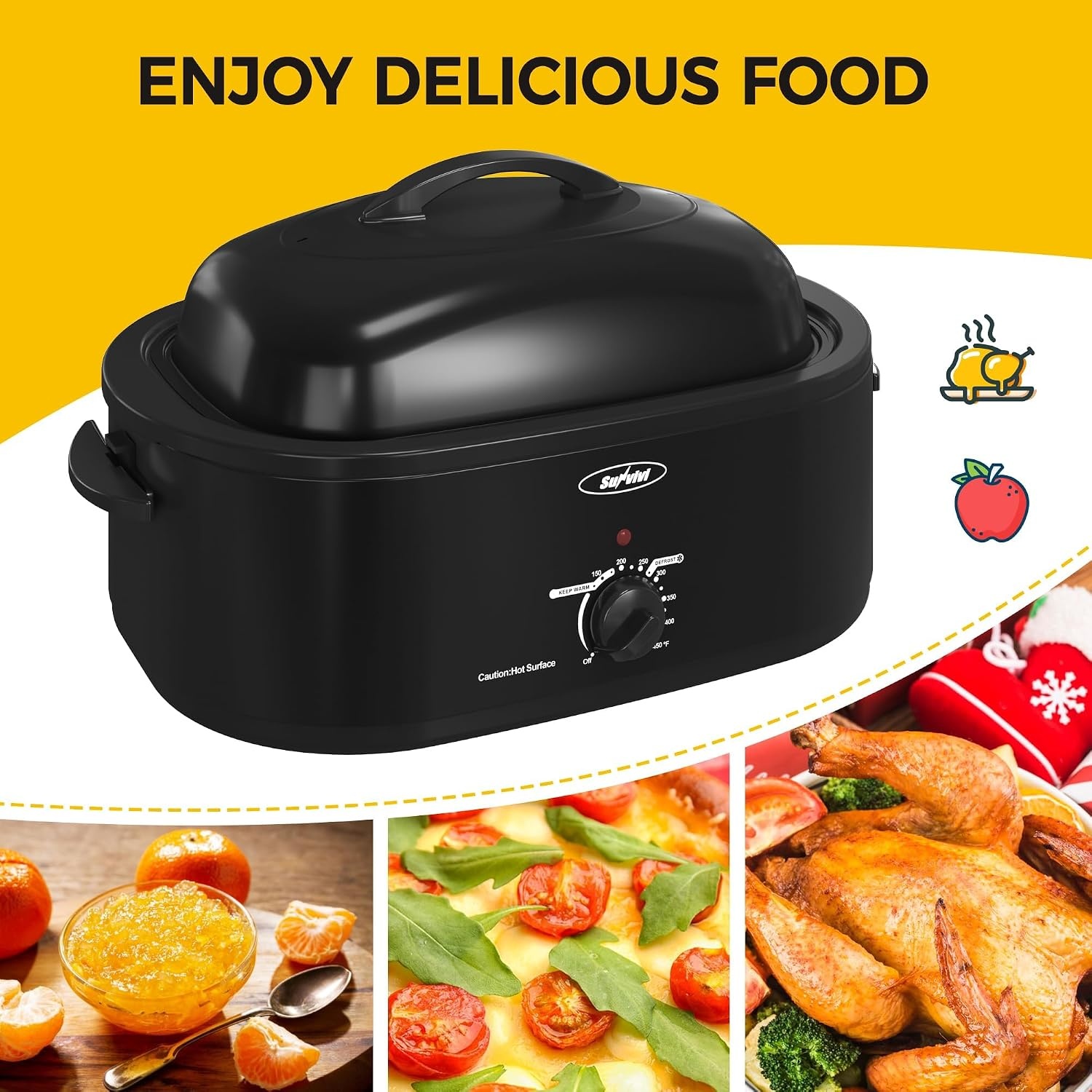 image:imageSUNVIVI OUTDOOR 18 QT Electric Roaster Oven with Viewing LidTurkey Roaster with Unique DefrostWarm FunctionLarge Removable Pan and CoolTouch Handles Stainless Steel WhiteBlack