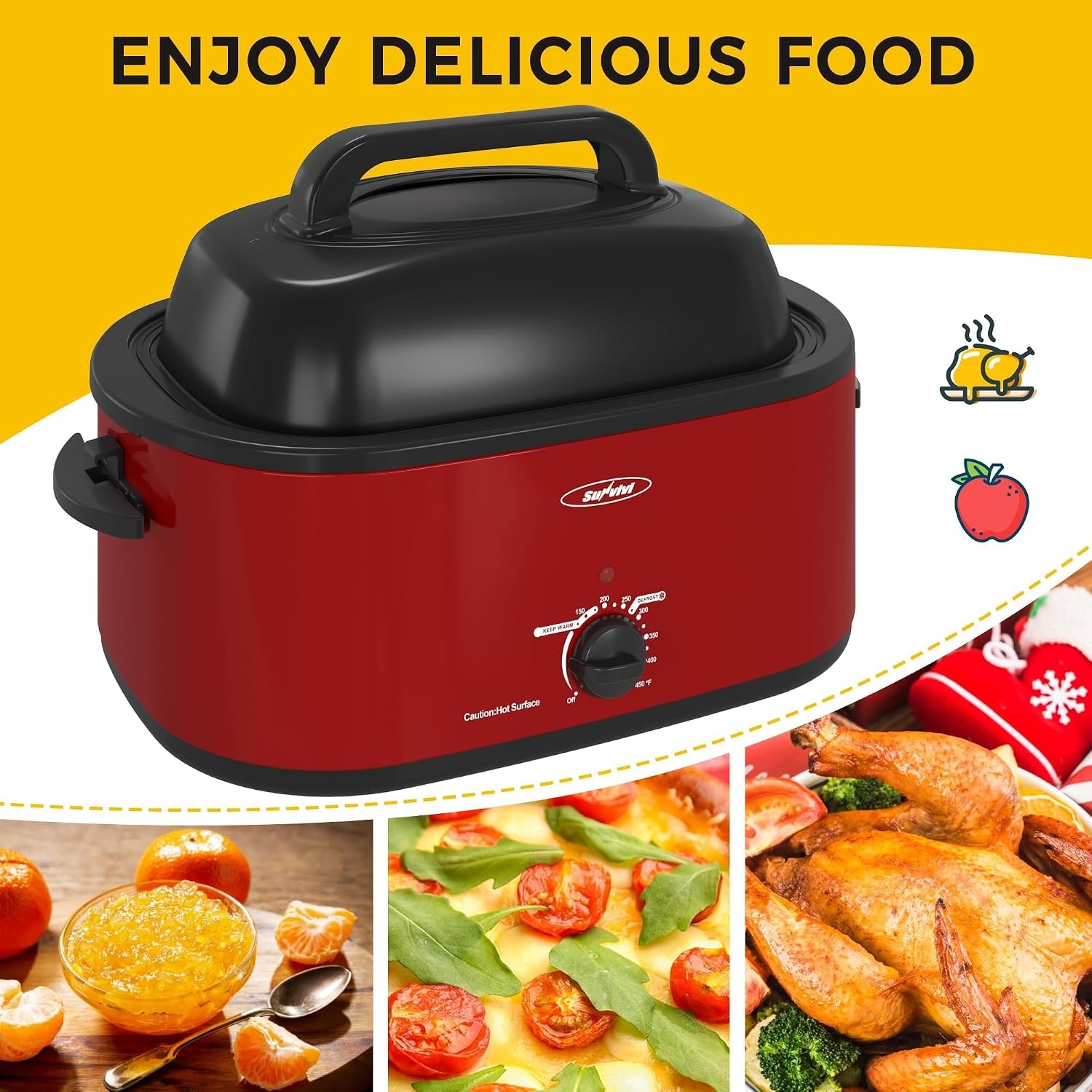 image:imageSUNVIVI OUTDOOR 18 QT Electric Roaster Oven with Viewing LidTurkey Roaster with Unique DefrostWarm FunctionLarge Removable Pan and CoolTouch Handles Stainless Steel WhiteRed