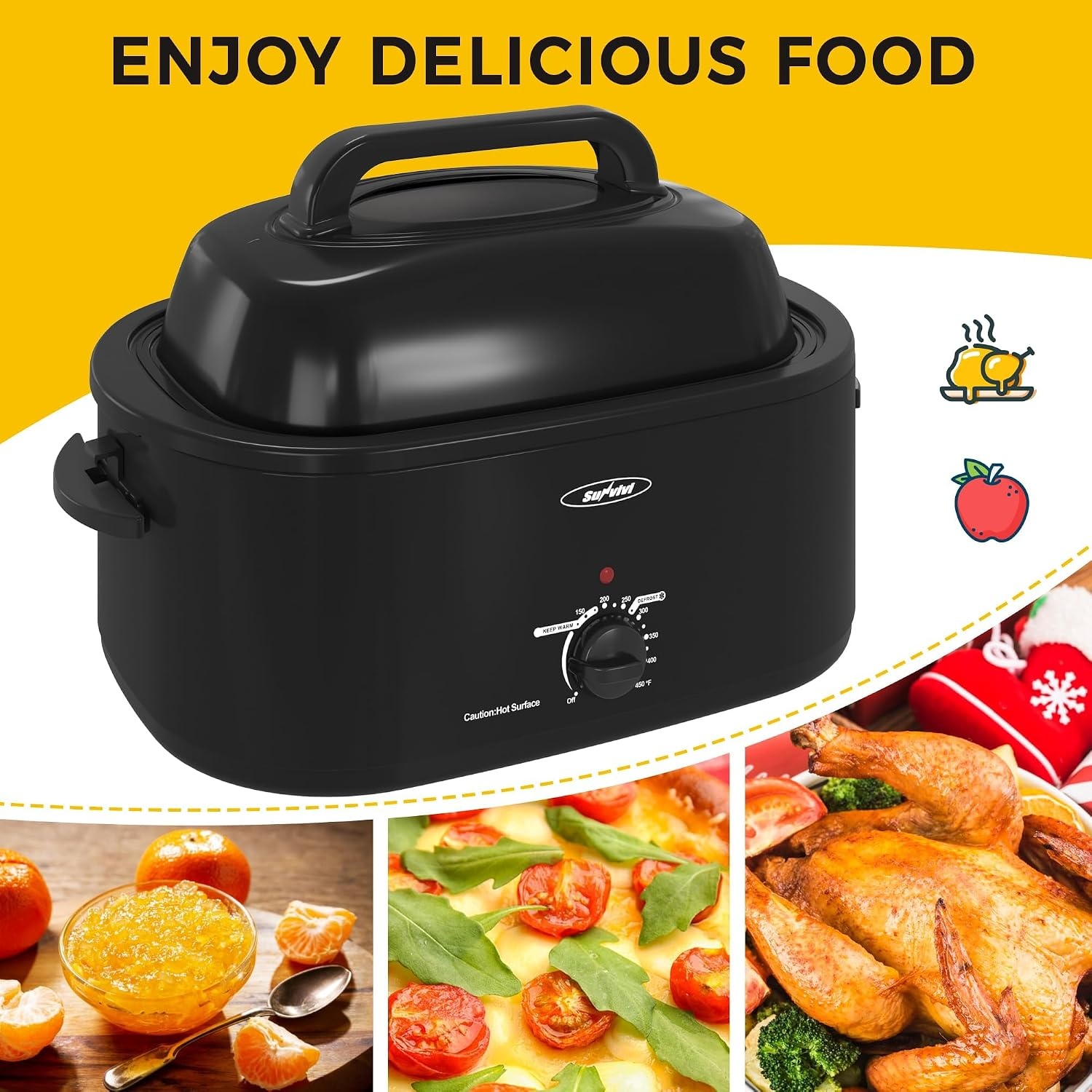 image:imageSUNVIVI OUTDOOR 18 QT Electric Roaster Oven with Viewing LidTurkey Roaster with Unique DefrostWarm FunctionLarge Removable Pan and CoolTouch Handles Stainless Steel WhiteBlack