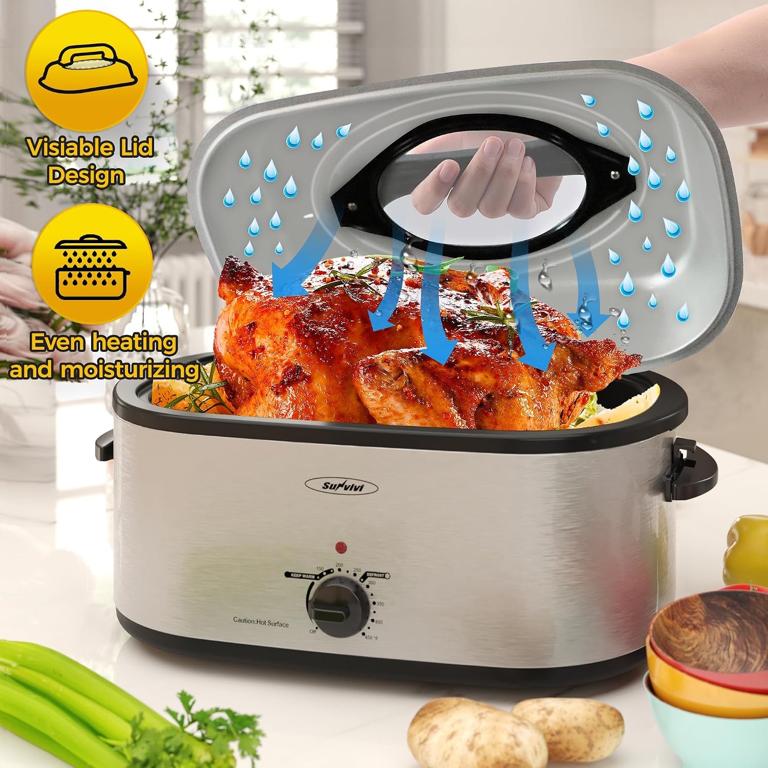 image:imageSUNVIVI OUTDOOR 18 QT Electric Roaster Oven with Viewing LidTurkey Roaster with Unique DefrostWarm FunctionLarge Removable Pan and CoolTouch Handles Stainless Steel WhiteSilver