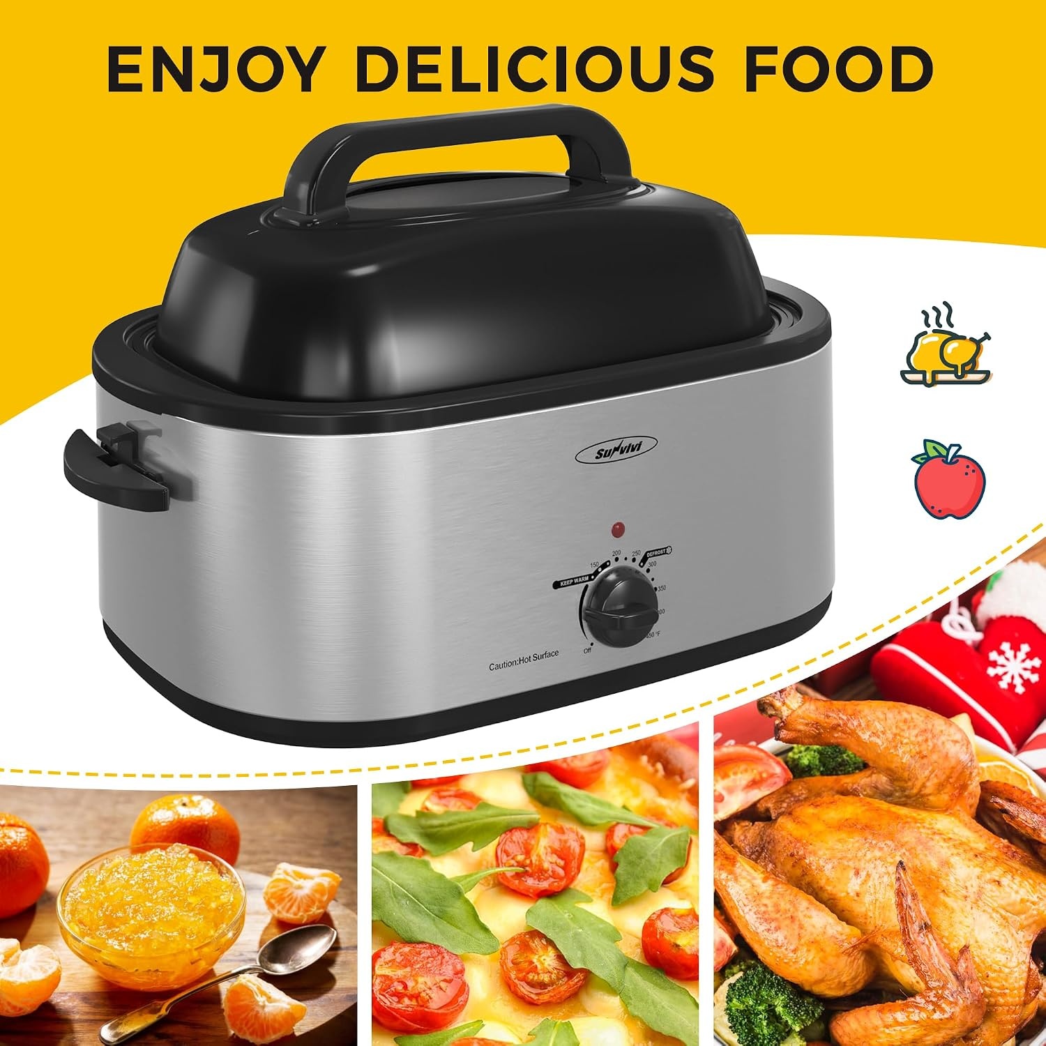 image:imageSUNVIVI OUTDOOR 18 QT Electric Roaster Oven with Viewing LidTurkey Roaster with Unique DefrostWarm FunctionLarge Removable Pan and CoolTouch Handles Stainless Steel WhiteSilver