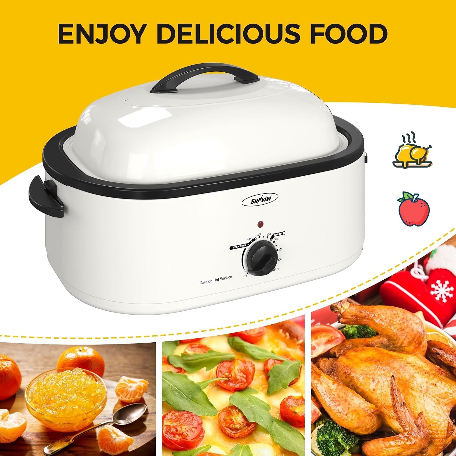 image:imageSUNVIVI OUTDOOR 18 QT Electric Roaster Oven with Viewing LidTurkey Roaster with Unique DefrostWarm FunctionLarge Removable Pan and CoolTouch Handles Stainless Steel WhiteWhite