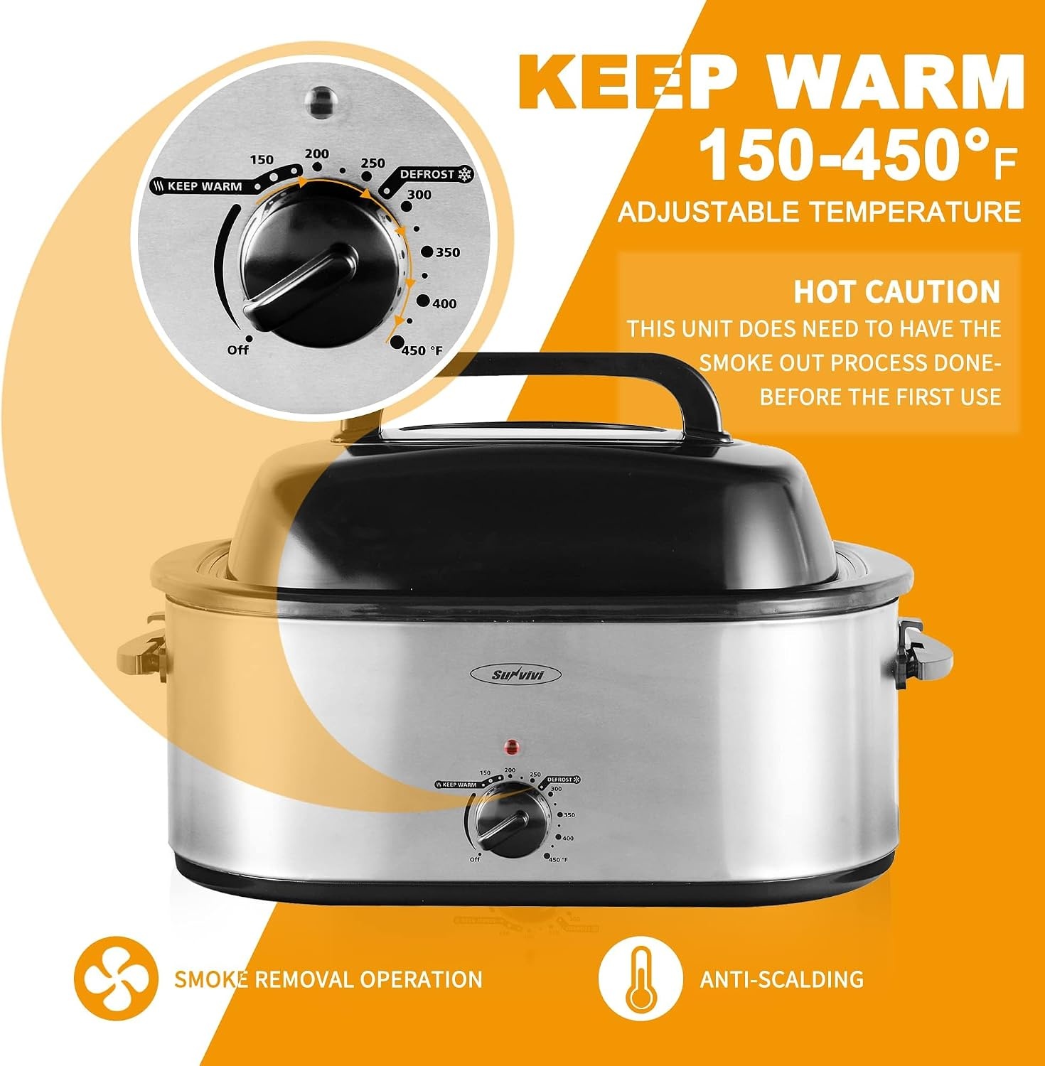 image:imageSUNVIVI OUTDOOR 18 QT Electric Roaster Oven with Viewing LidTurkey Roaster with Unique DefrostWarm FunctionLarge Removable Pan and CoolTouch Handles Stainless Steel WhiteSilver