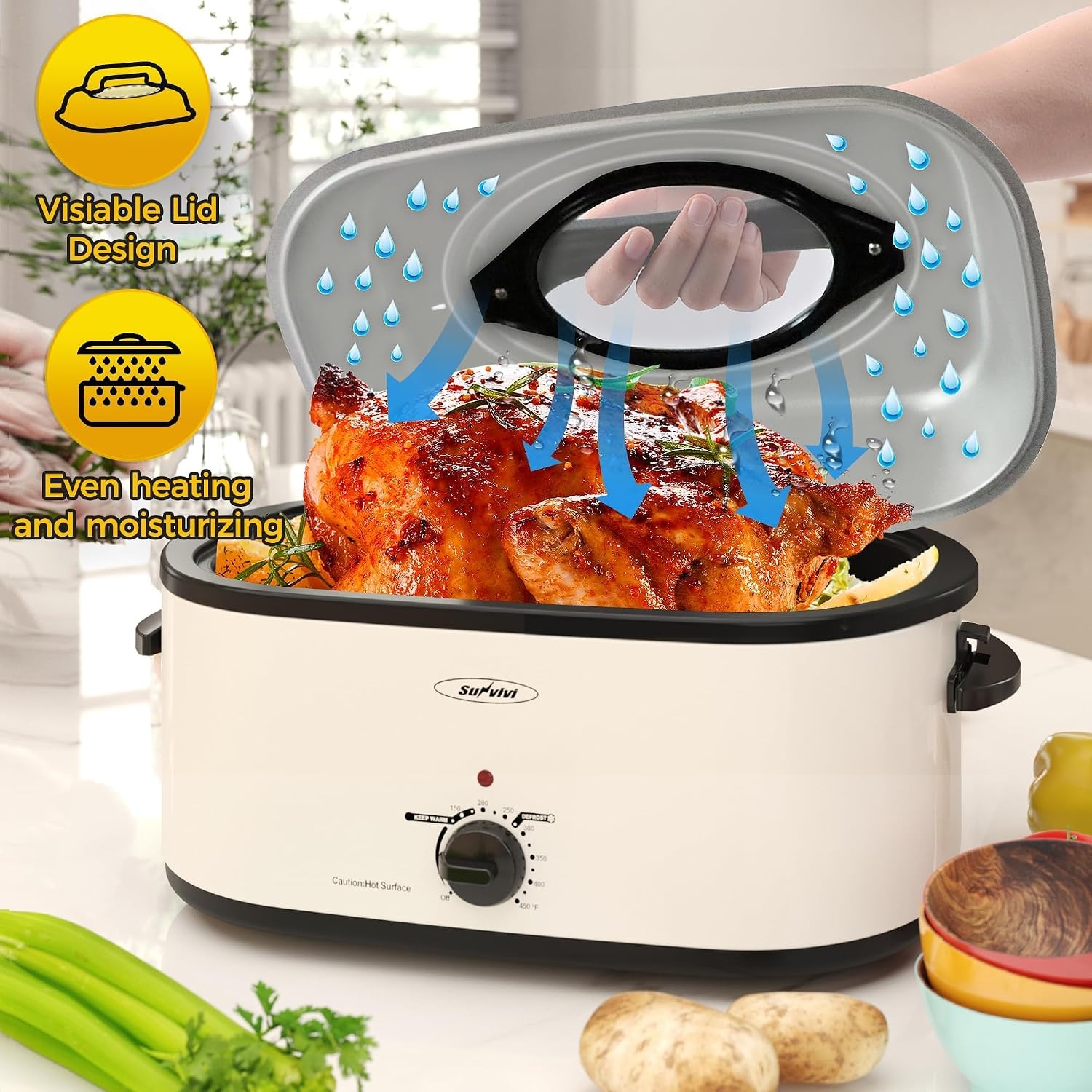 image:imageSUNVIVI OUTDOOR 18 QT Electric Roaster Oven with Viewing LidTurkey Roaster with Unique DefrostWarm FunctionLarge Removable Pan and CoolTouch Handles Stainless Steel WhiteWhite