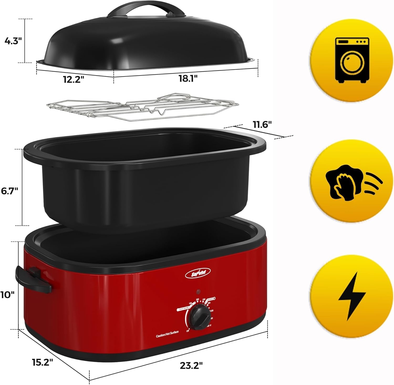 image:imageSUNVIVI OUTDOOR 18 QT Electric Roaster Oven with Viewing LidTurkey Roaster with Unique DefrostWarm FunctionLarge Removable Pan and CoolTouch Handles Stainless Steel WhiteRed