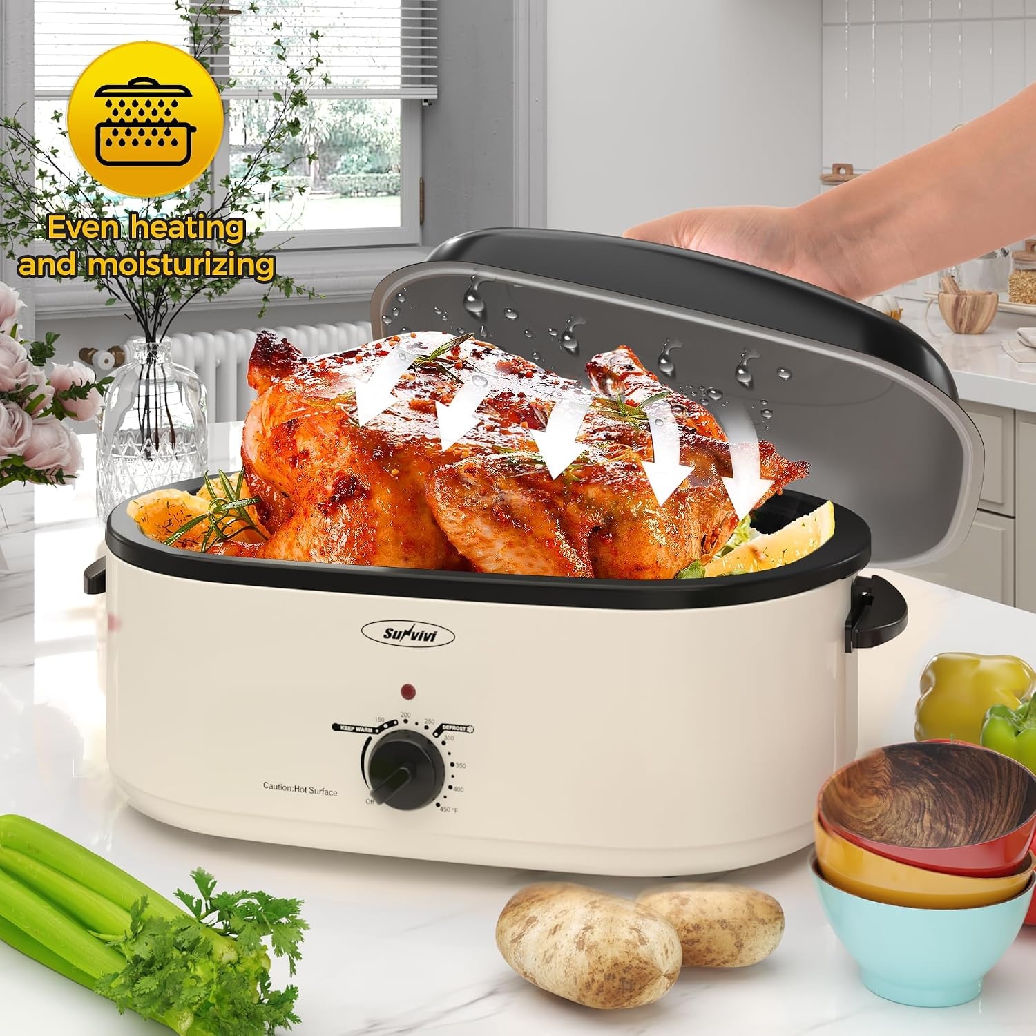 image:imageSUNVIVI OUTDOOR 18 QT Electric Roaster Oven with Viewing LidTurkey Roaster with Unique DefrostWarm FunctionLarge Removable Pan and CoolTouch Handles Stainless Steel WhiteWhite