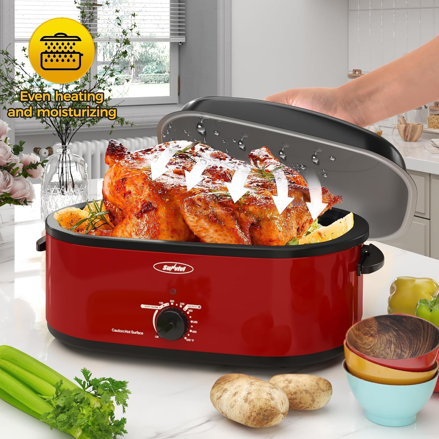 image:imageSUNVIVI OUTDOOR 18 QT Electric Roaster Oven with Viewing LidTurkey Roaster with Unique DefrostWarm FunctionLarge Removable Pan and CoolTouch Handles Stainless Steel WhiteRed
