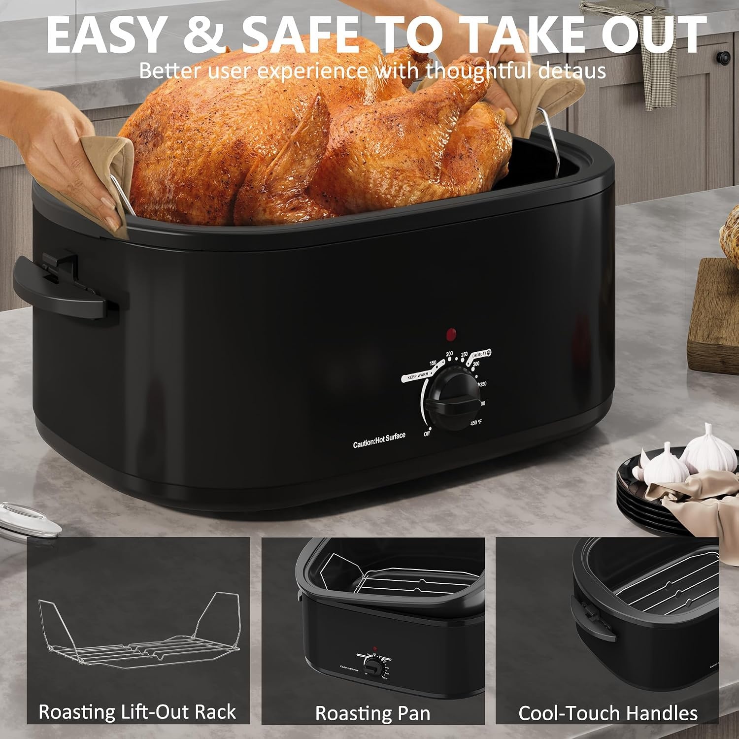 image:imageSUNVIVIPRO Roaster Oven 28 Quart Electric Turkey Roaster with SelfBasting Lid Removable Pan amp Rack Variable Temp Control Stainless Steel GreyBlack