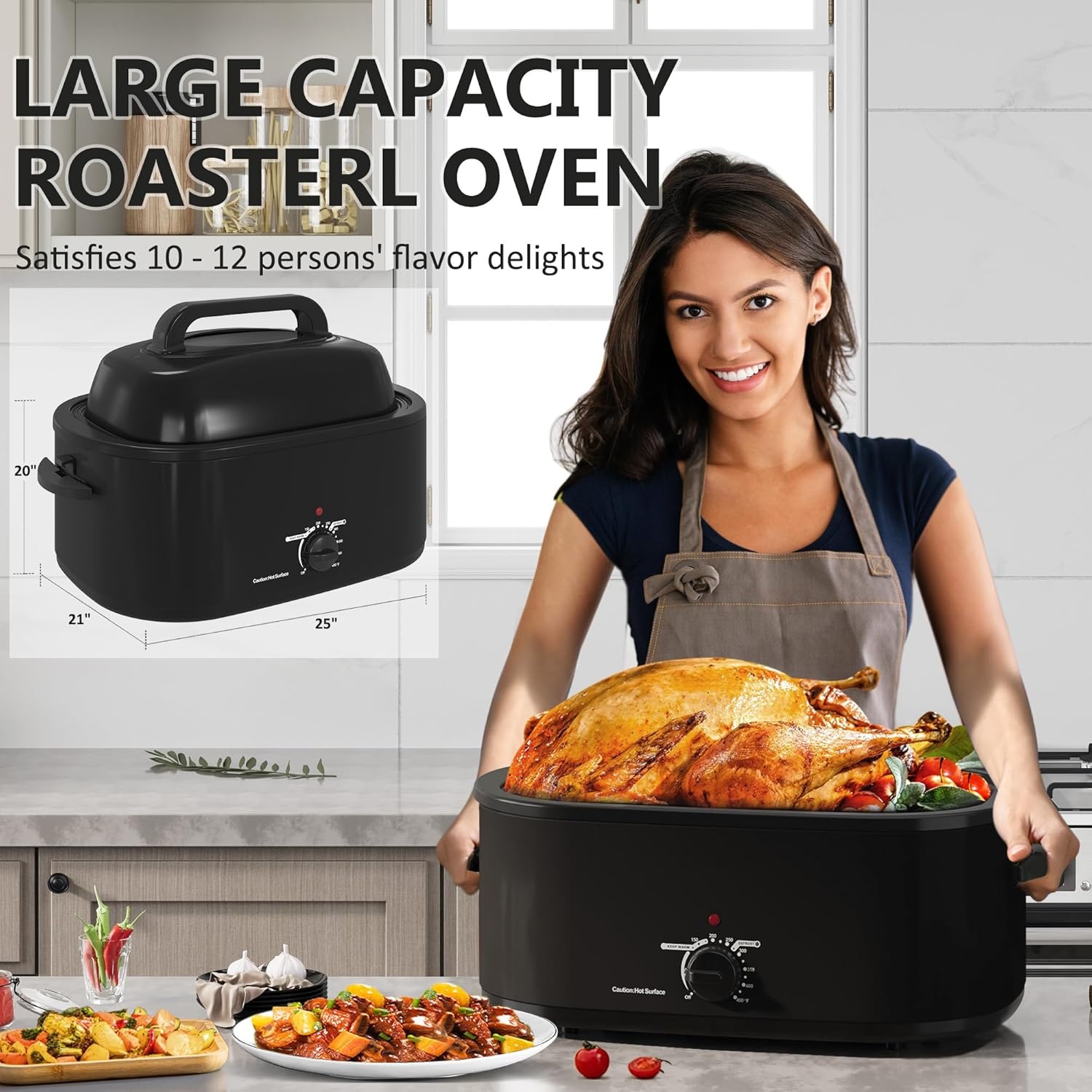 image:imageSUNVIVIPRO Roaster Oven 28 Quart Electric Turkey Roaster with SelfBasting Lid Removable Pan amp Rack Variable Temp Control Stainless Steel GreyBlack