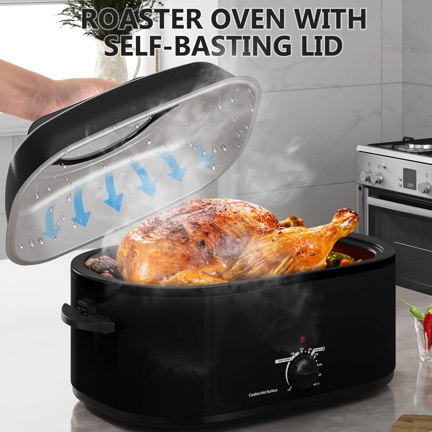 image:imageSUNVIVIPRO Roaster Oven 28 Quart Electric Turkey Roaster with SelfBasting Lid Removable Pan amp Rack Variable Temp Control Stainless Steel GreyBlack