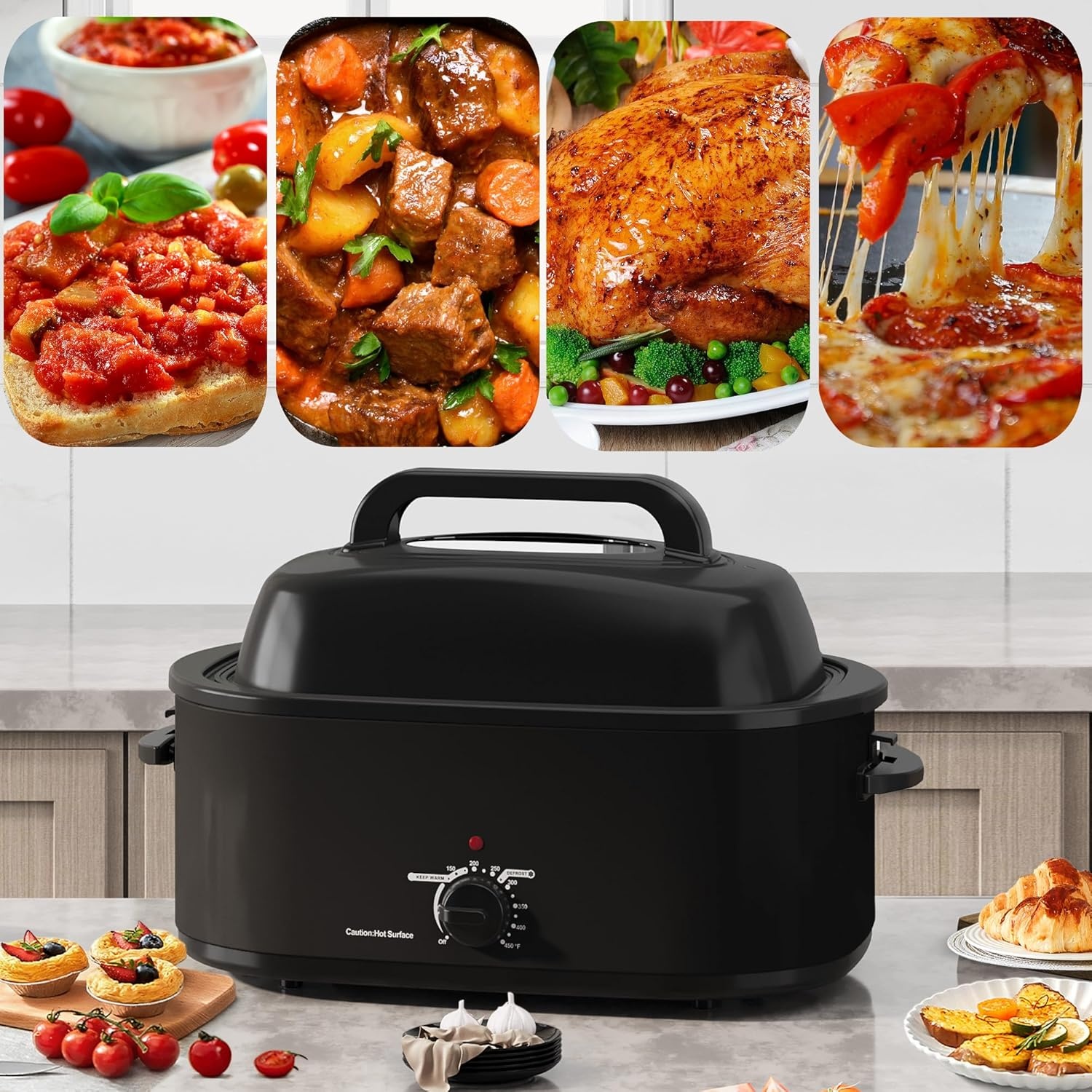 image:imageSUNVIVIPRO Roaster Oven 28 Quart Electric Turkey Roaster with SelfBasting Lid Removable Pan amp Rack Variable Temp Control Stainless Steel GreyBlack