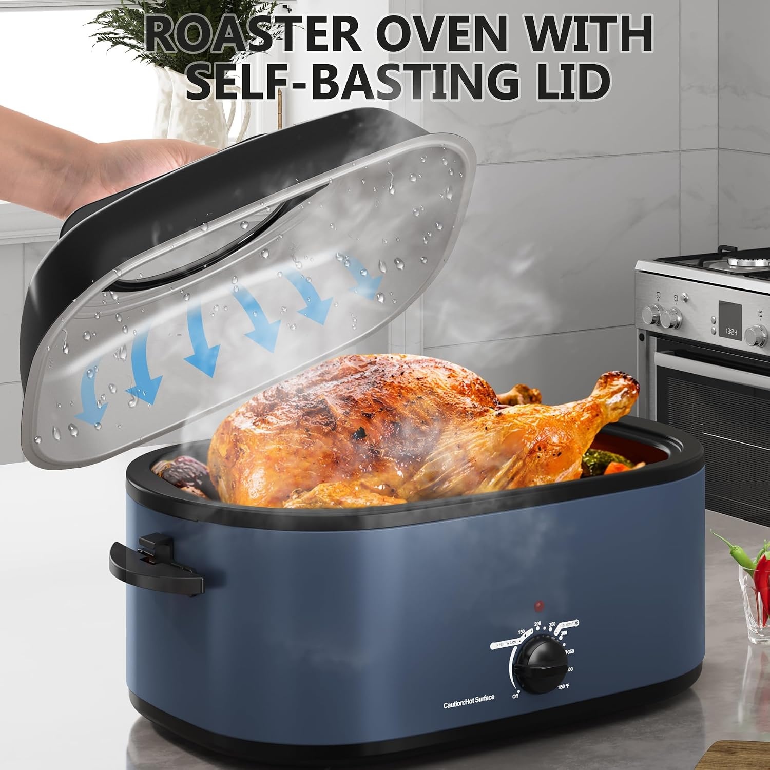 image:imageSUNVIVIPRO Roaster Oven 28 Quart Electric Turkey Roaster with SelfBasting Lid Removable Pan amp Rack Variable Temp Control Stainless Steel GreyBlue