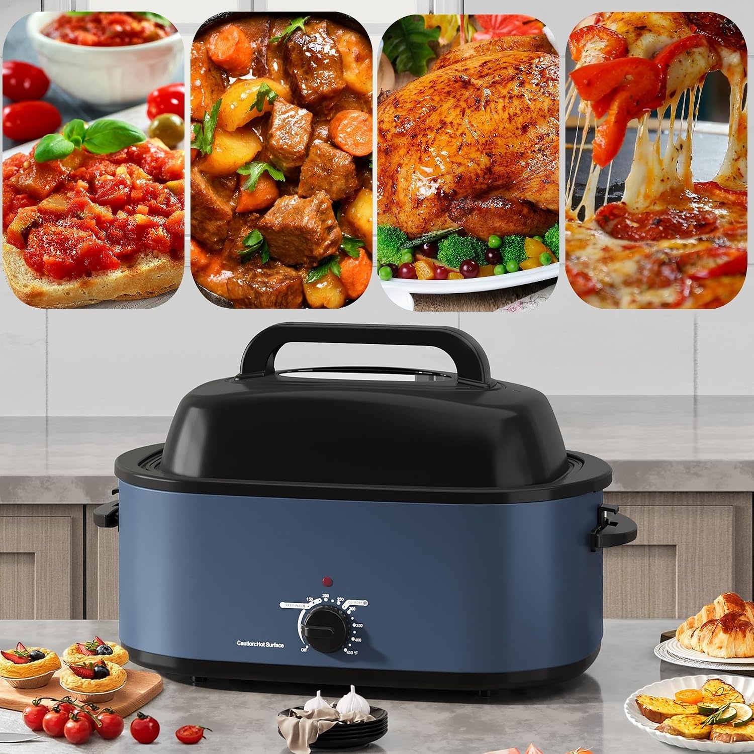 image:imageSUNVIVIPRO Roaster Oven 28 Quart Electric Turkey Roaster with SelfBasting Lid Removable Pan amp Rack Variable Temp Control Stainless Steel GreyBlue