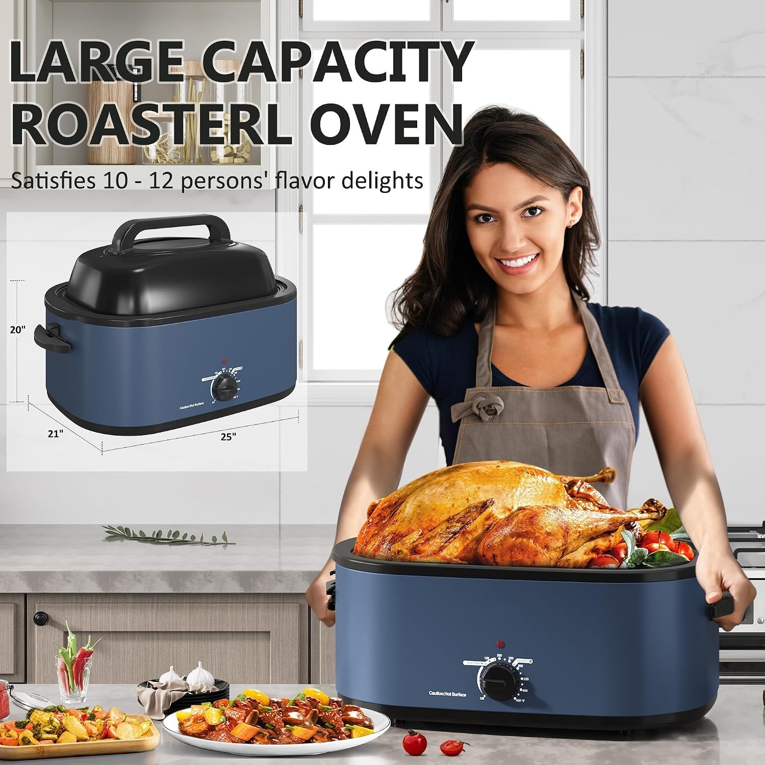 image:imageSUNVIVIPRO Roaster Oven 28 Quart Electric Turkey Roaster with SelfBasting Lid Removable Pan amp Rack Variable Temp Control Stainless Steel GreyBlue