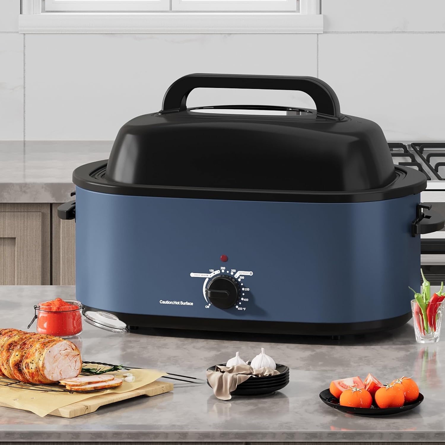 image:imageSUNVIVIPRO Roaster Oven 28 Quart Electric Turkey Roaster with SelfBasting Lid Removable Pan amp Rack Variable Temp Control Stainless Steel GreyBlue