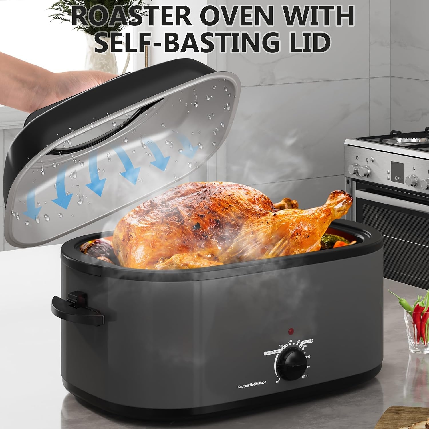 image:imageSUNVIVIPRO Roaster Oven 28 Quart Electric Turkey Roaster with SelfBasting Lid Removable Pan amp Rack Variable Temp Control Stainless Steel GreyGrey