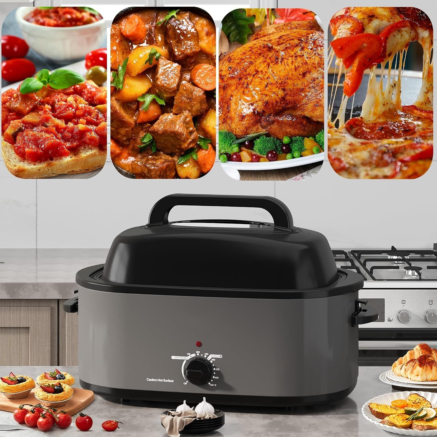 image:imageSUNVIVIPRO Roaster Oven 28 Quart Electric Turkey Roaster with SelfBasting Lid Removable Pan amp Rack Variable Temp Control Stainless Steel GreyGrey