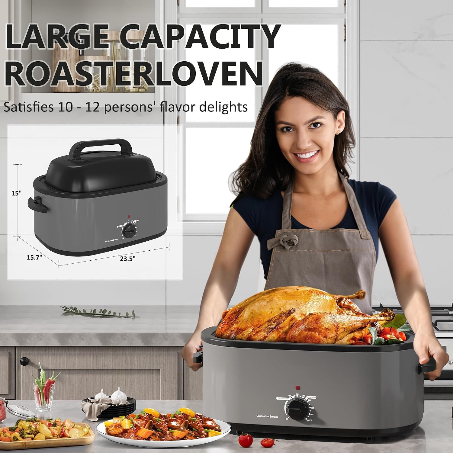 image:imageSUNVIVIPRO Roaster Oven 28 Quart Electric Turkey Roaster with SelfBasting Lid Removable Pan amp Rack Variable Temp Control Stainless Steel GreyGrey