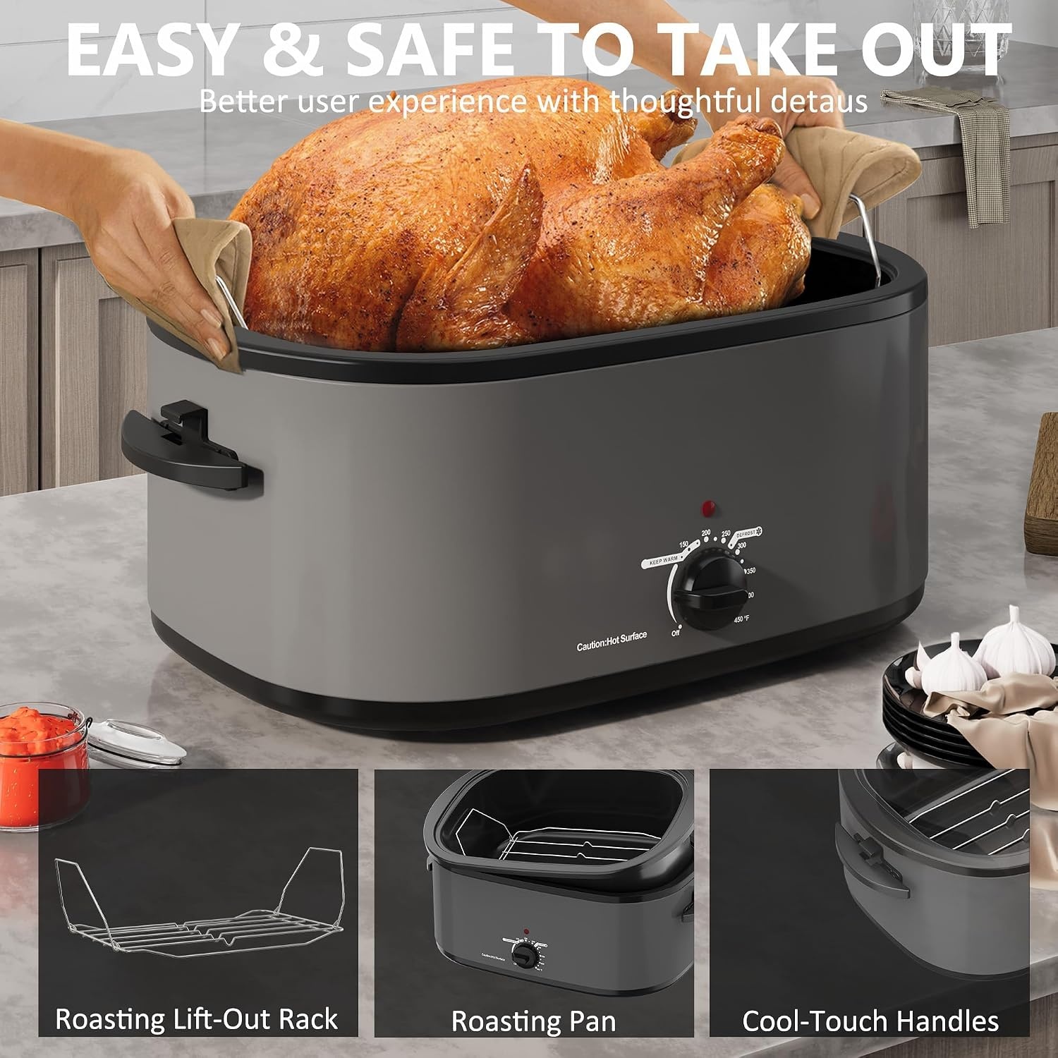 image:imageSUNVIVIPRO Roaster Oven 28 Quart Electric Turkey Roaster with SelfBasting Lid Removable Pan amp Rack Variable Temp Control Stainless Steel GreyGrey