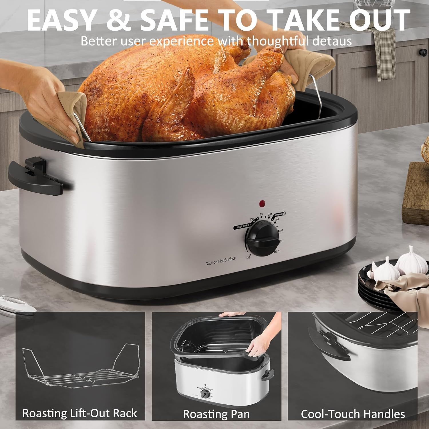 image:imageSUNVIVIPRO Roaster Oven 28 Quart Electric Turkey Roaster with SelfBasting Lid Removable Pan amp Rack Variable Temp Control Stainless Steel GreySilver